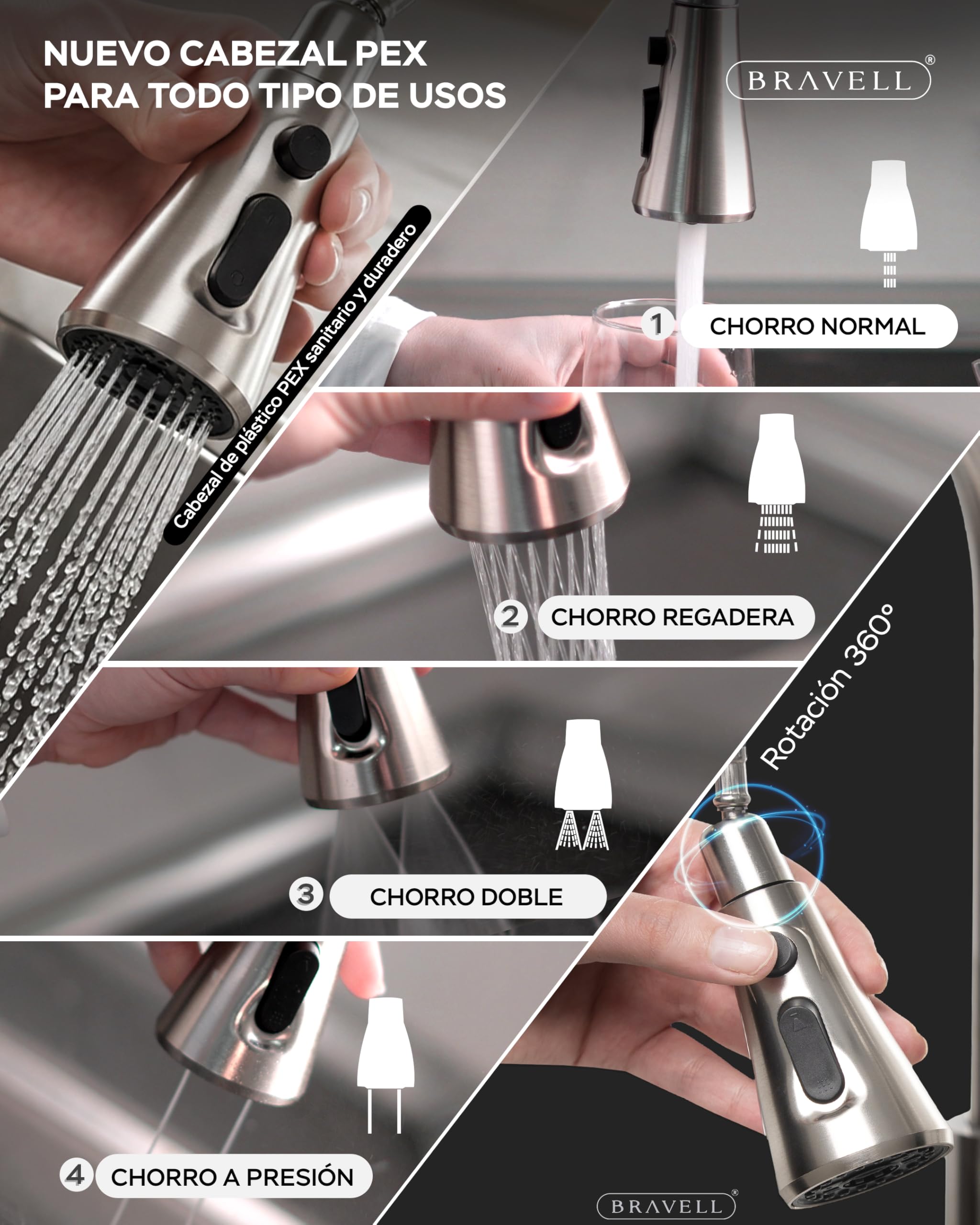 BRAVELL Grifo Cocina Extraible, Grifo Cocina Fregadero con 4 Modos Giratorio 360° Torneira Cozinha Monomando, Acero Inoxidable Mate, Latiguillos 3/8, Instalación Fácil y Completa (Acero mate 304 INOX)
