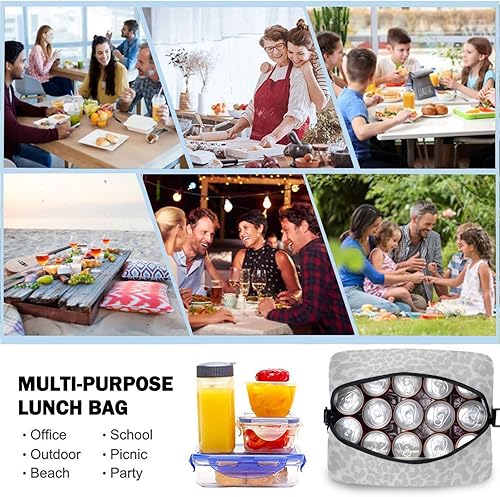Miniatura 4 de Bolsa de almuerzo aislada con estampado de leopardo blanco, reutilizable, con correa para el hombro, para el trabajo, picnic, escuela, playa