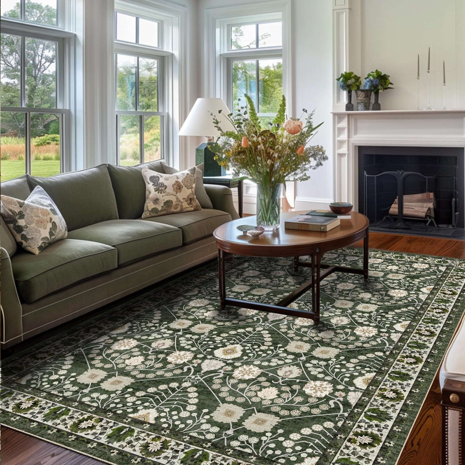 Youime Large Living Room Rug Dark Green Area Rugs Floral Machine Washable,5x7 Boho Area Rug TPR Non Slip Carpet Stain Resistant Rugs for Bedroom,Kids,