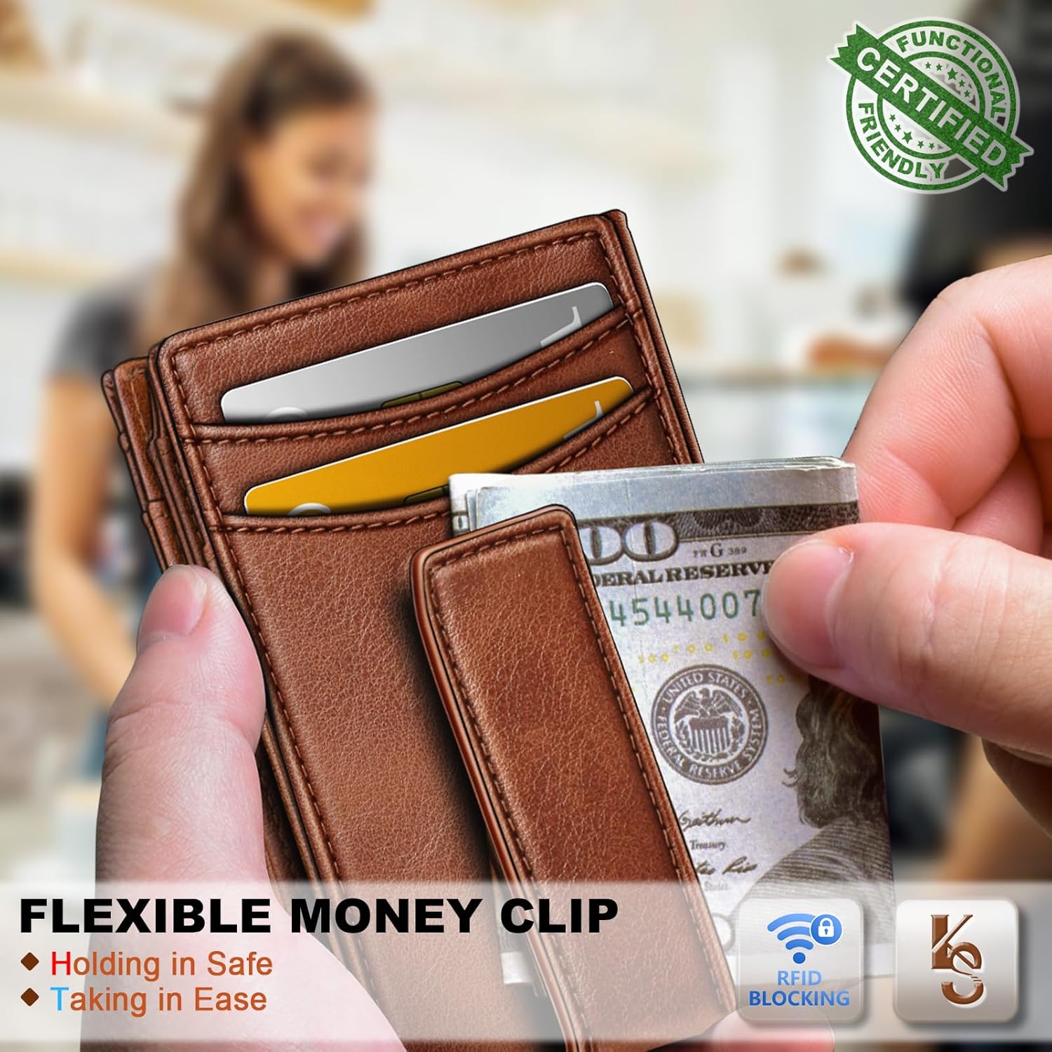 KEMISANT Men Wallet, Slim Leather Wallet Money Clip Magnetic Closure ID Windows 14Cards RFID Blocking
