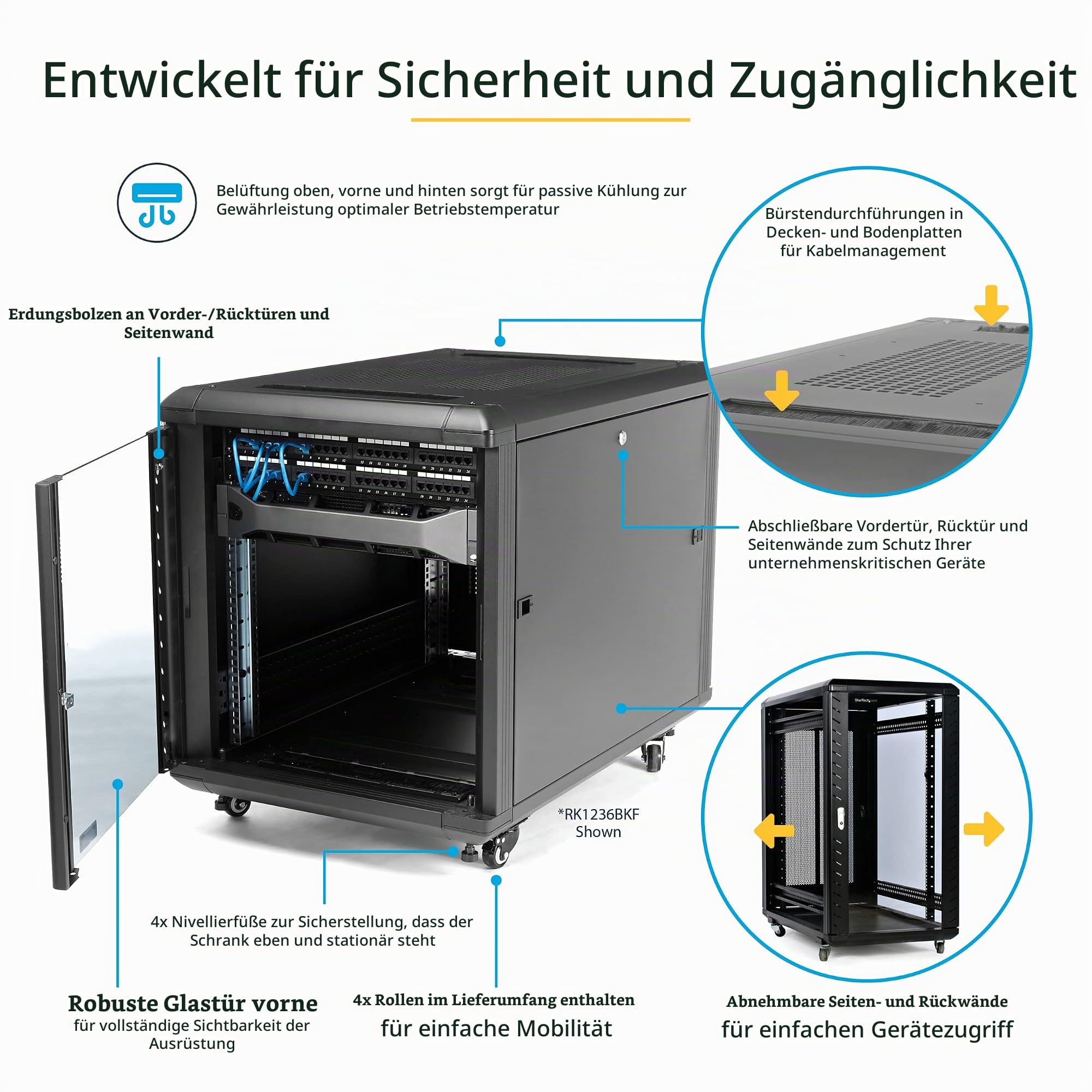 StarTech 15HE Enterprise Server Rack-Schrank, 19 Zoll 4-Pfosten Serverschrank, 83cm Montagetiefe, 800kg Traglast