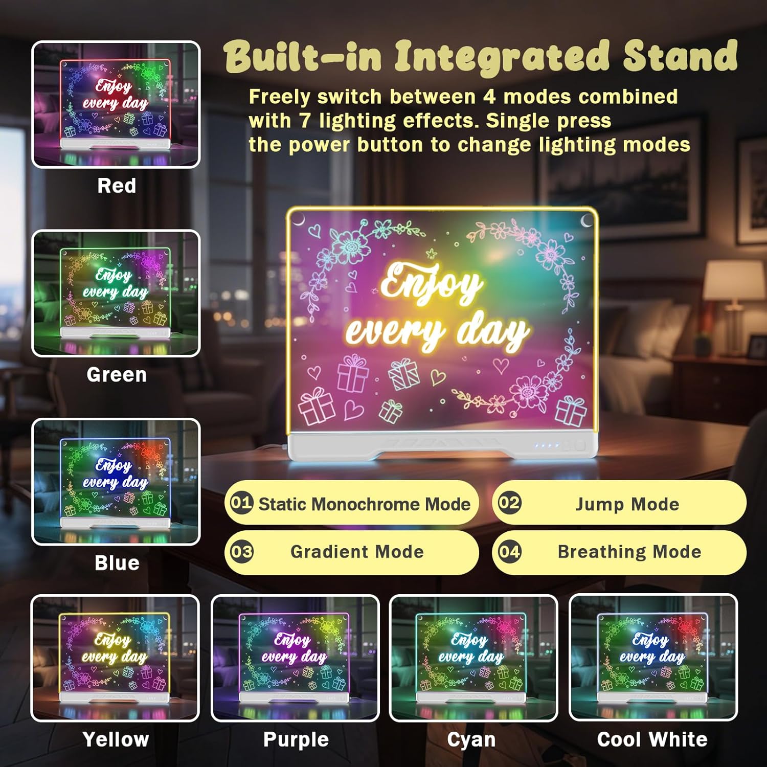 16" Rechargeable Doodle Glow LED Note Board, 4 Modes with 7 Colors Neon Art Dry Erase Light Up Led Drawing Board with Built-in Stand, Hanging Chain, Drawing Pad for Kids, Girls, Teens (White)