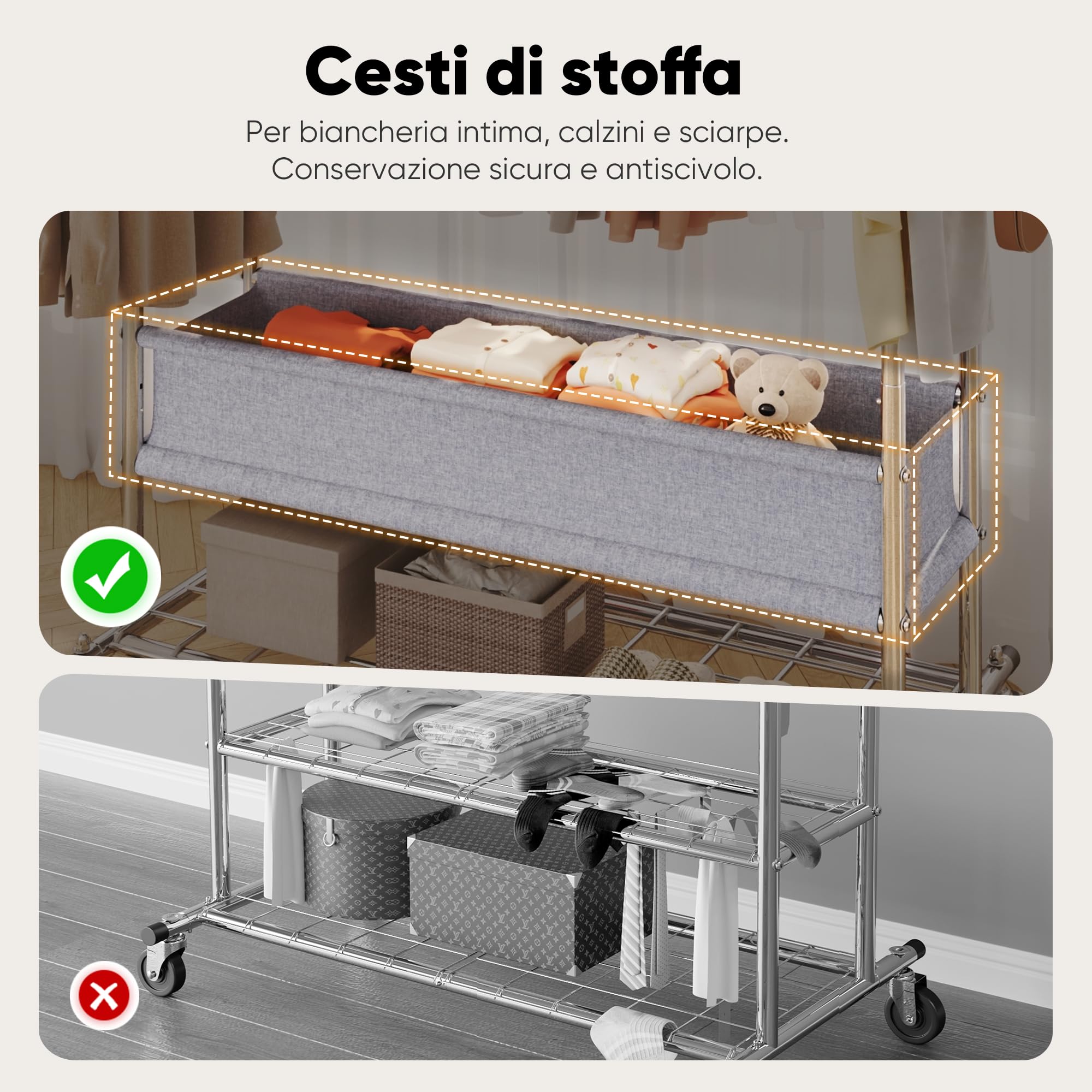 HOKEEPER Appendiabiti da Terra Resistente a Doppia Barra con Ruote, 283kg, con Cesta in Tessuto e Ripiano, Estensibile - Ideale per Camera da Letto, Boutique