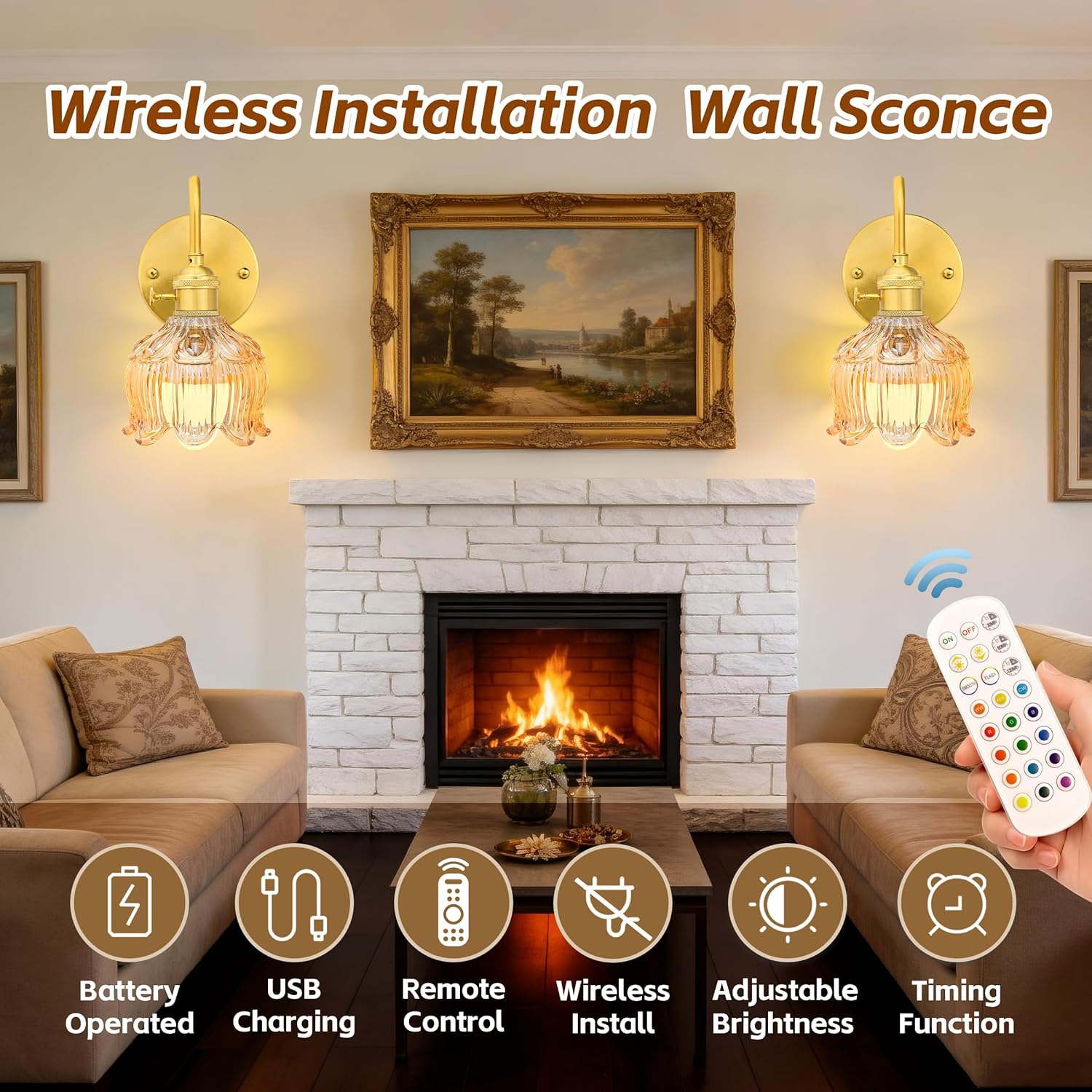 Battery Operated Wall Sconce Set of 2, Vintage Wireless Sconces with Amber Tulip Glass Shade, 15 Color Temp, 5000mAh Rechargeable Battery, Remote Control Wall Lights for Bedroom, Living Room