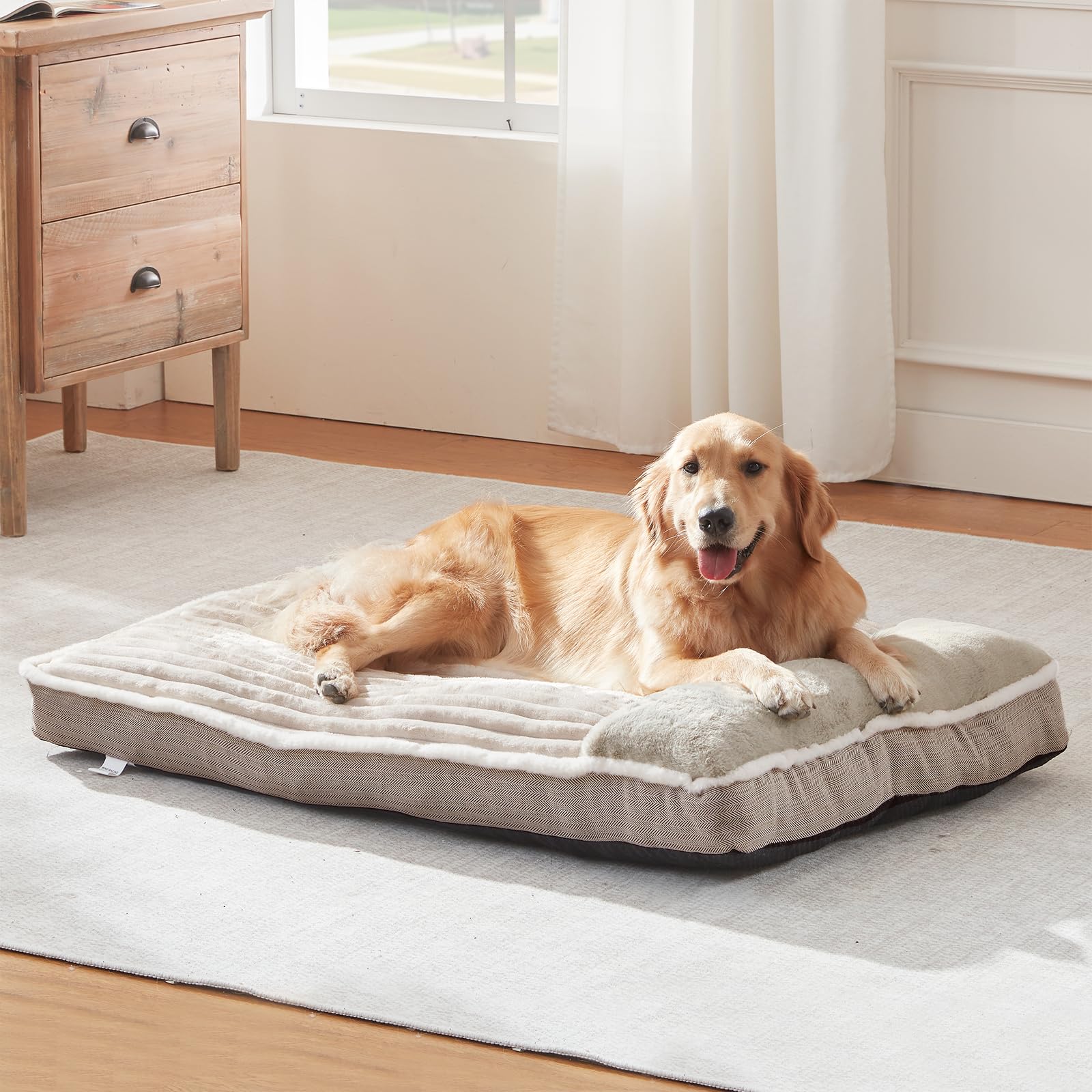 Large Dog Bed, Dog Mattress with Pillow, Kennel Crate Bed, Super Soft Dog Bed for Small Medium Large Dogs, Jumbo (Medium, Beige, 76 * 50 * 7cm)