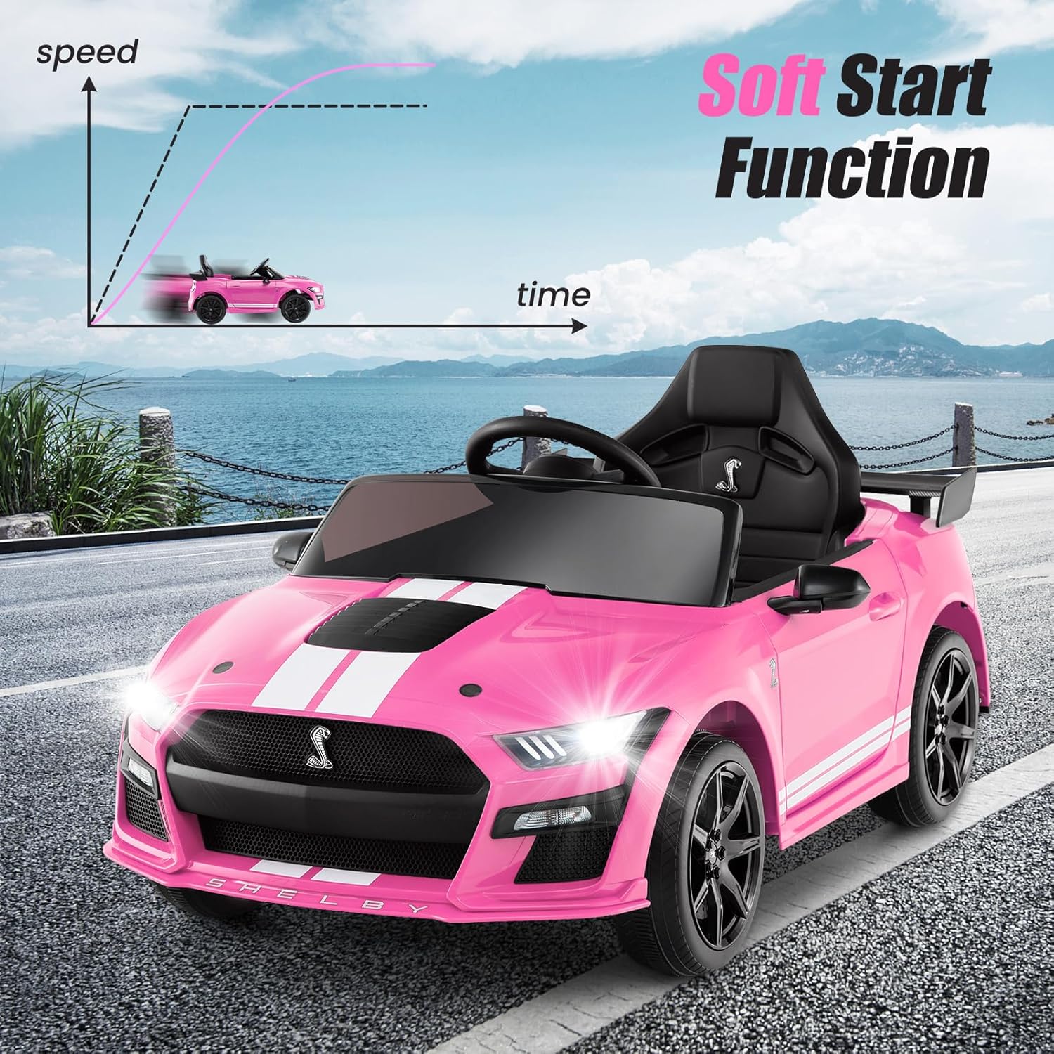 Licensed Ford Mustang GT500 Ride on Car for Kids by INFANS, Battery Powered Electric Vehicle with Remote Control, Headlight, Power Display, USB, Music, Electric Car for Kids to Drive Age 3+ (Pink)