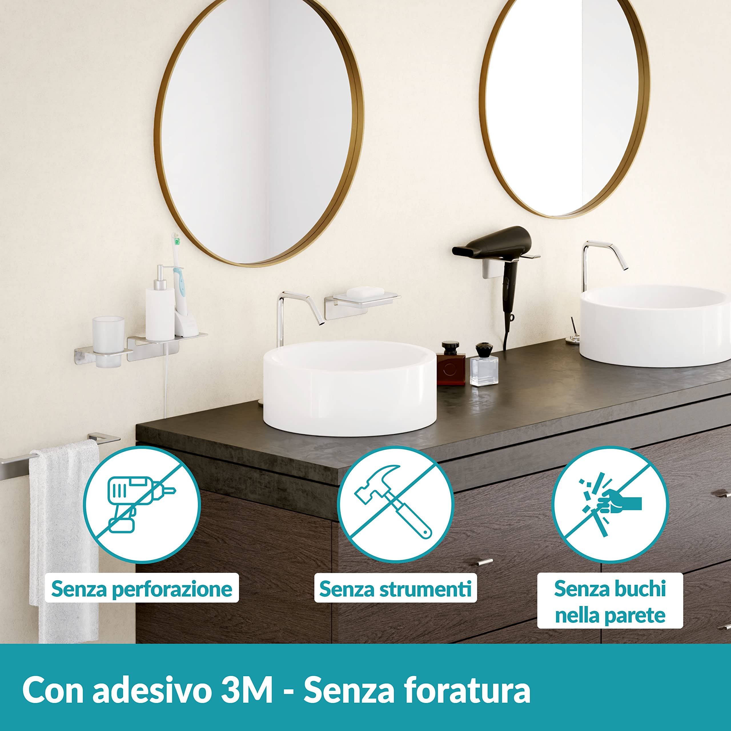 WEISSENSTEIN Portaspazzolini da bagno adesivo 3M - Acciaio inox - Bicchiere portaspazzolini in vetro smerigliato