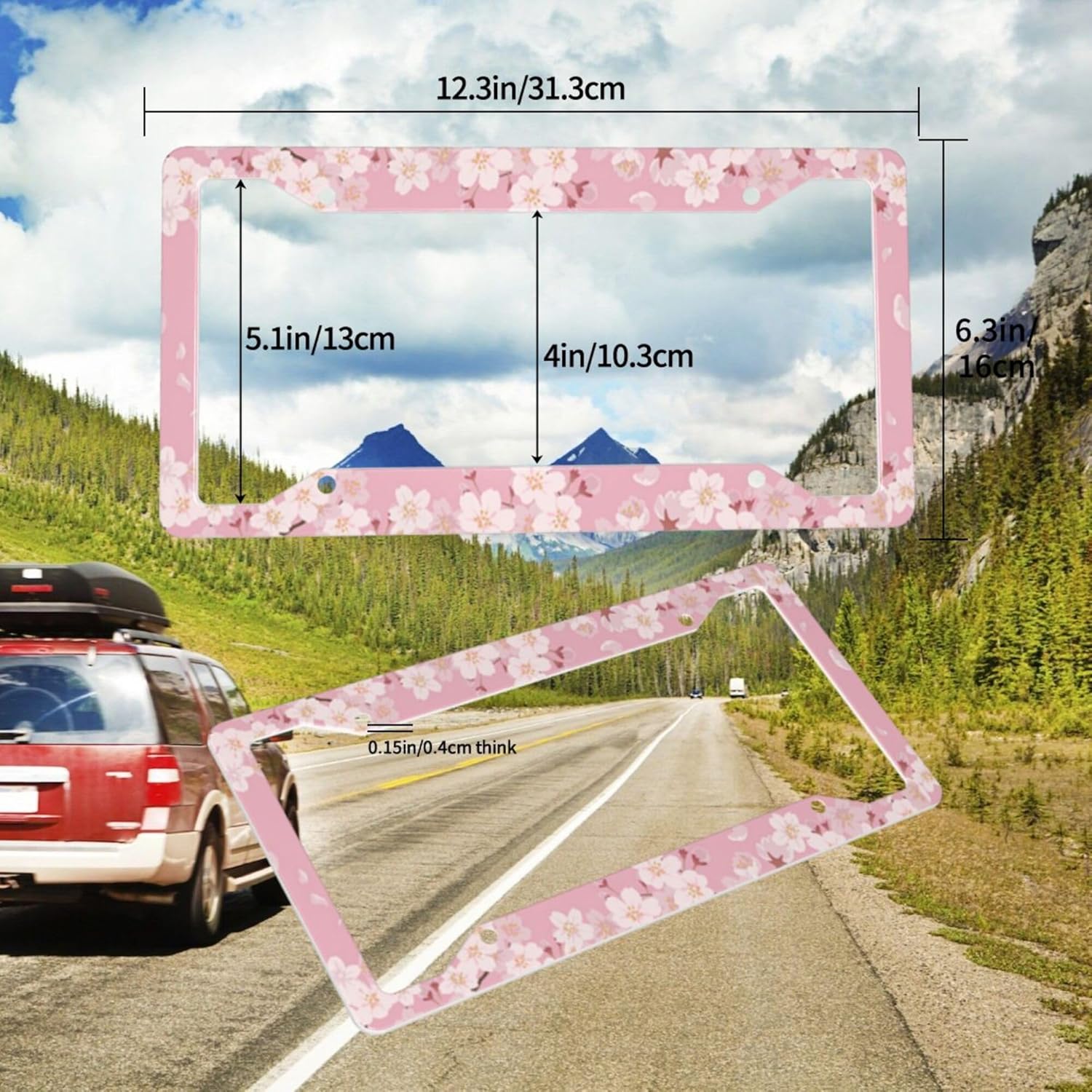 Pink Cherry Blossom License Plate Frame & Flower Steering Wheel Cover Fashion Aluminum License Plate Frames Anti-Slip Breathable Steering Wheels Protector with Screws Fasteners Caps for Men Women