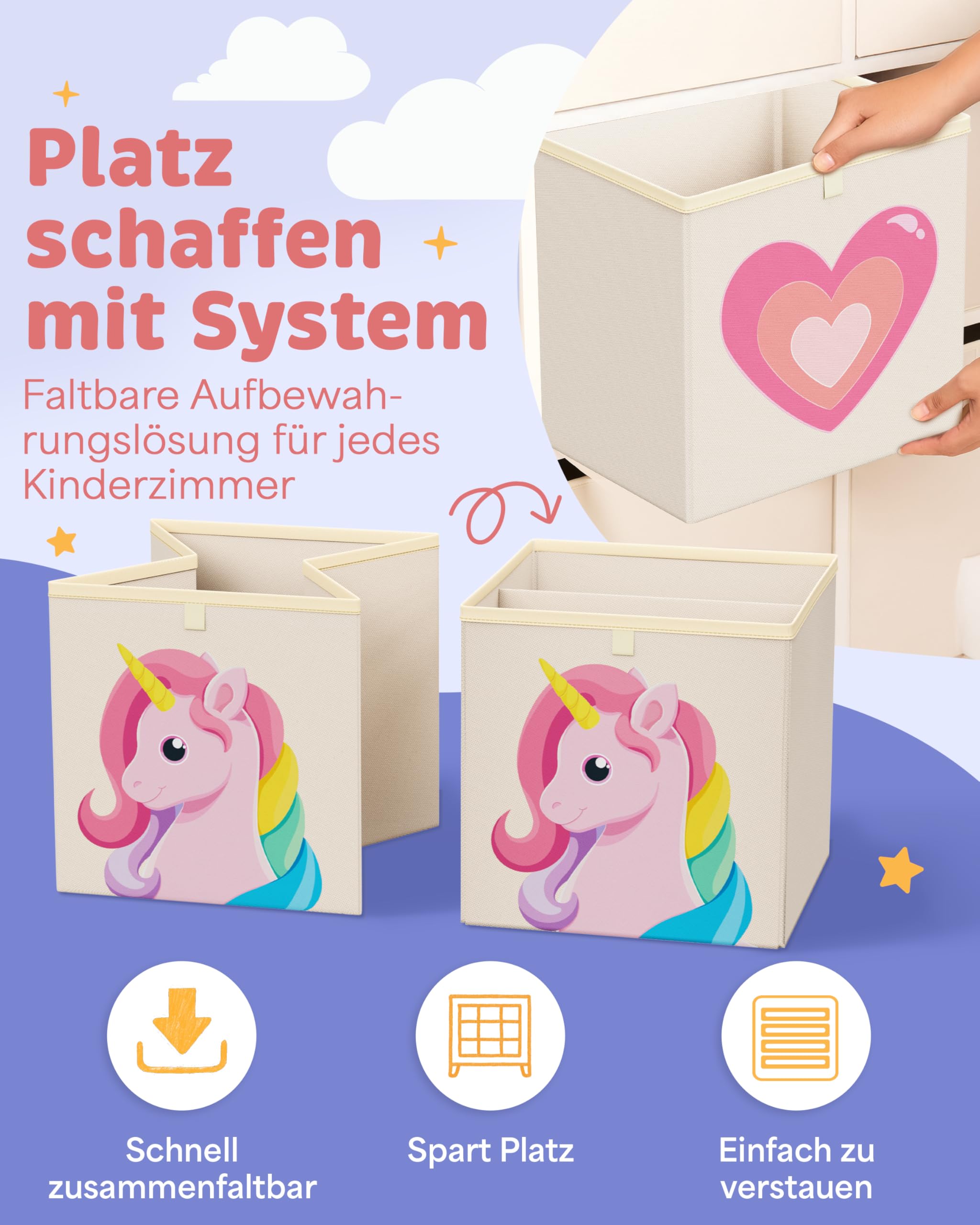 4er Set Aufbewahrungsboxen für Kinder - Passend für Kallax, Märchenmotive für Mädchen und Jungen, ideal für Spielzeug und Kinderzimmerregale