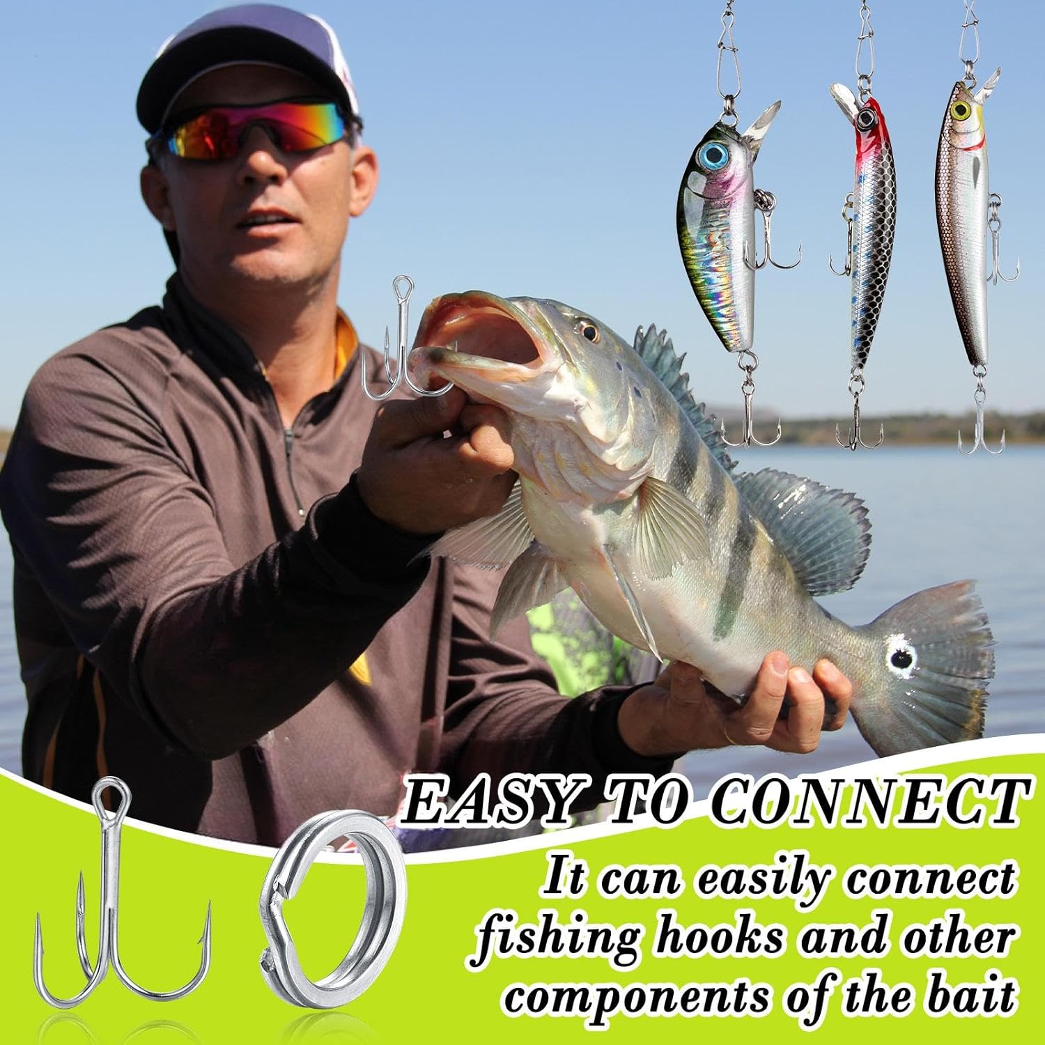 Skylety 200 Pcs Fishing Stainless Steel Split Rings, 50 Treble Hooks, Lure Tackle Connector Fishing Pliers, Fish Lanyard and 876 Lure Eyes for Tackle Fish