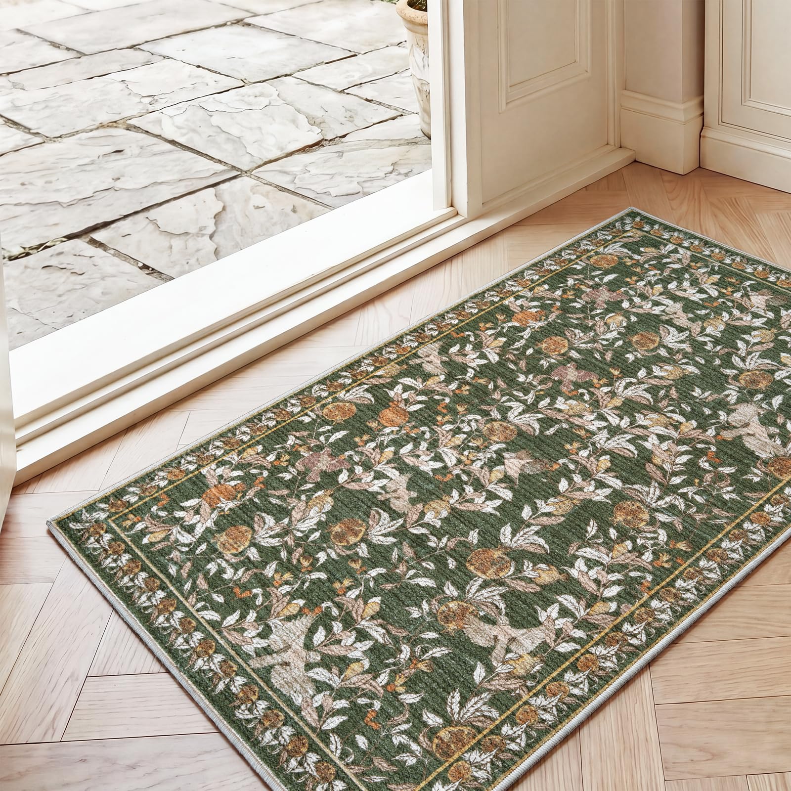 TOPICK Washable Non-Slip Door Mat 60x110cm, Green Vintage Bird Printed Rug — image 1