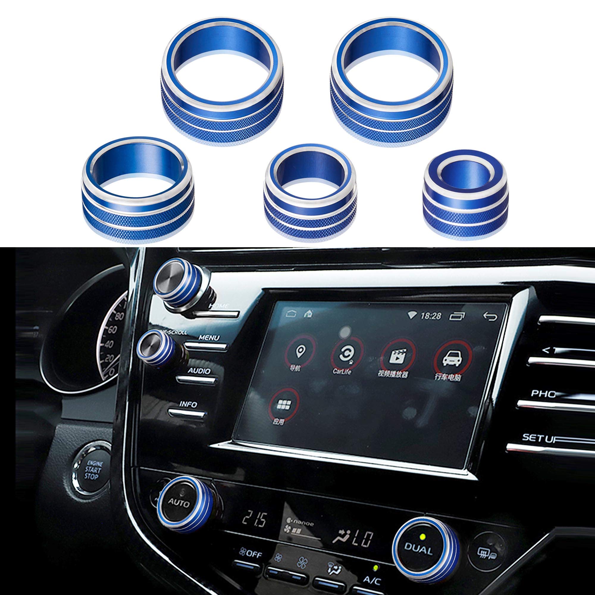 TOMALL 5pcs Aluminum Centre Console Cover Compatible with Toyota Camry 2018 2019 2020 AC Air Conditioning Knob Button Cover Sound Volume Audio Cap Function Rear Mirror Knob Switch Cover Trim (Blue)