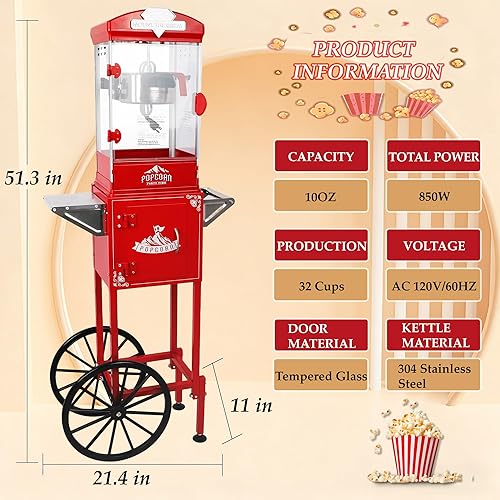 Miniatura 6 de Máquina de palomitas de maíz de 10 onzas con carrito, palomitas de maíz hace hasta 40 tazas, máquina de maíz estilo cine vintage con suministros