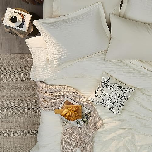 Miniatura 3 de MaiRêve Juego de edredón blanco King, edredón de diseño texturizado, color crema, juegos de ropa de cama King de 8 piezas con edredón, sábanas,