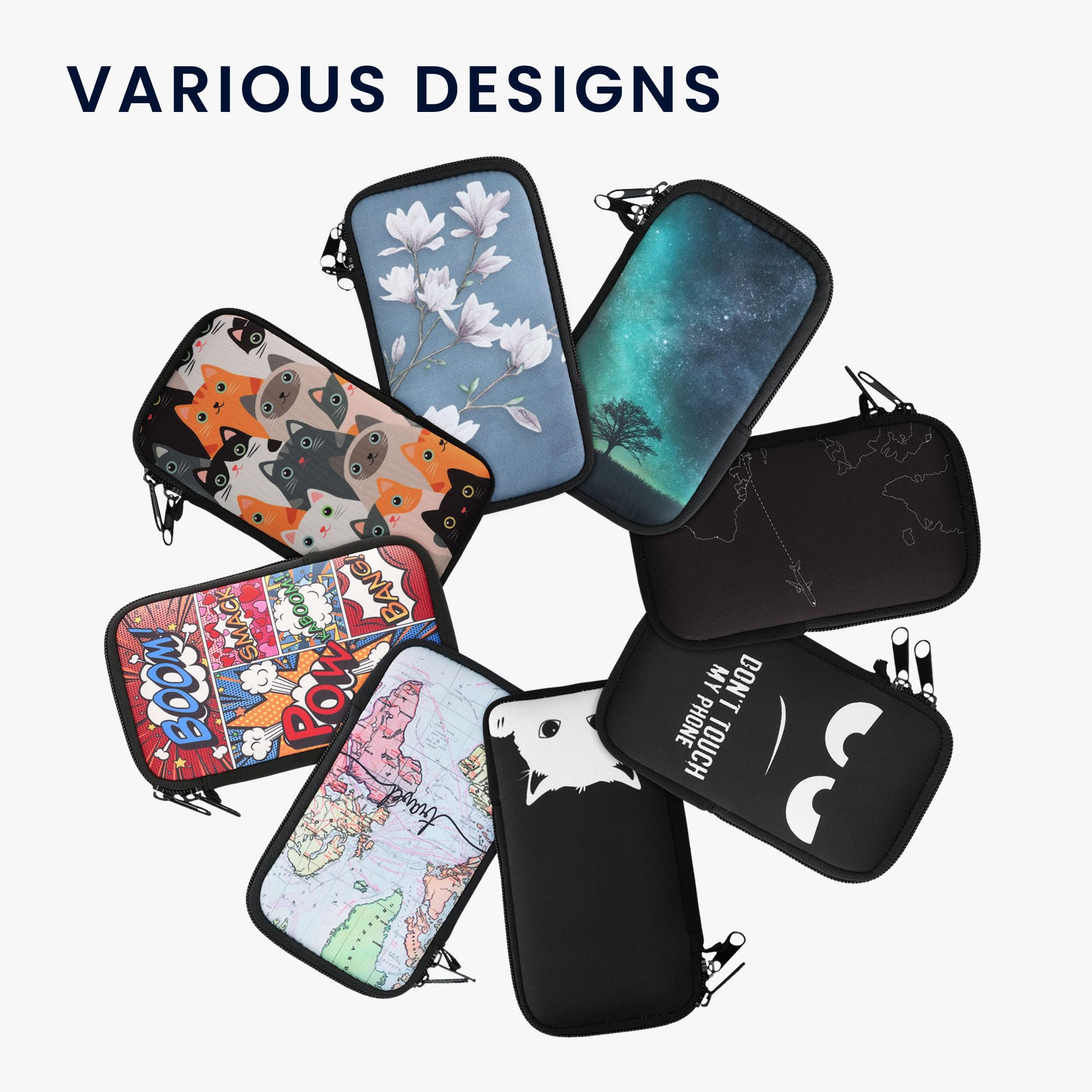 kwmobile Custodia in neoprene con zip per smartphone XL - 6,7/6,8" - Astuccio portacellulare a sacchetto con cerniera - Borsa verticale - Gatti arancione/nero/bianco