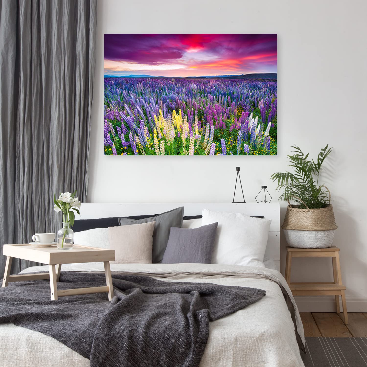 Feeby Vlies Leinwandbild XXL Abendhimmel Blumen Wiese 120x80 cm Wandbild Kunst Bilder Schlafzimmer Deko Wohnzimmer Pflanzen Horizont Abend Blau