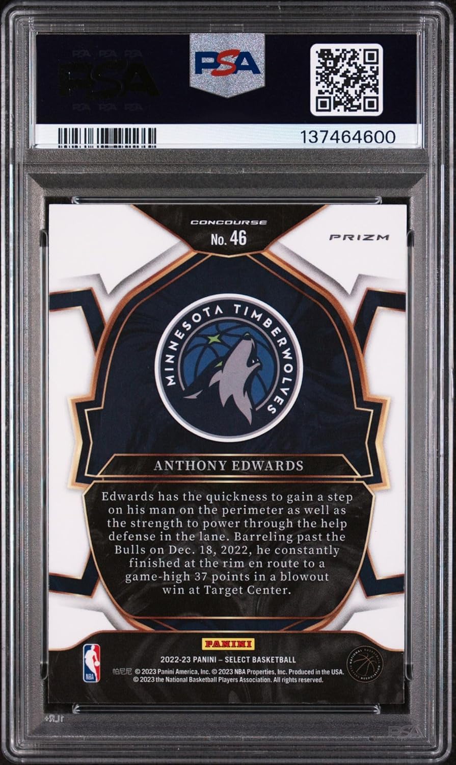 Anthony Edwards 2022 Select Blue Prizm Basketball Card #46 Graded PSA 10 Cert #137464600