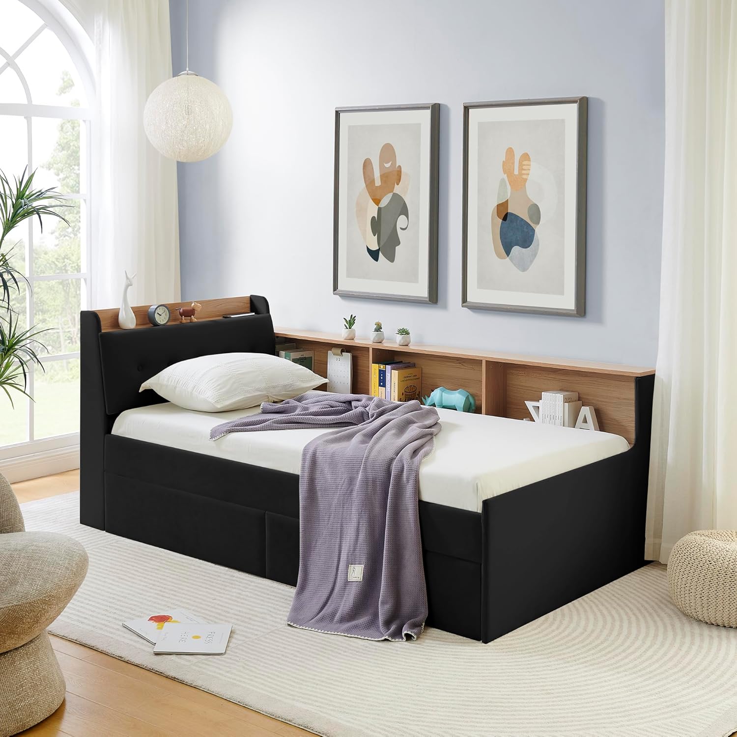 Upholstered Twin Size Daybed with Storage Drawers and LED, Day Bed Frame with L-Shaped Bookshelf and Openable Headboard Built-in Wireless Charging, Kids, Girls, Boys, Adults, Black