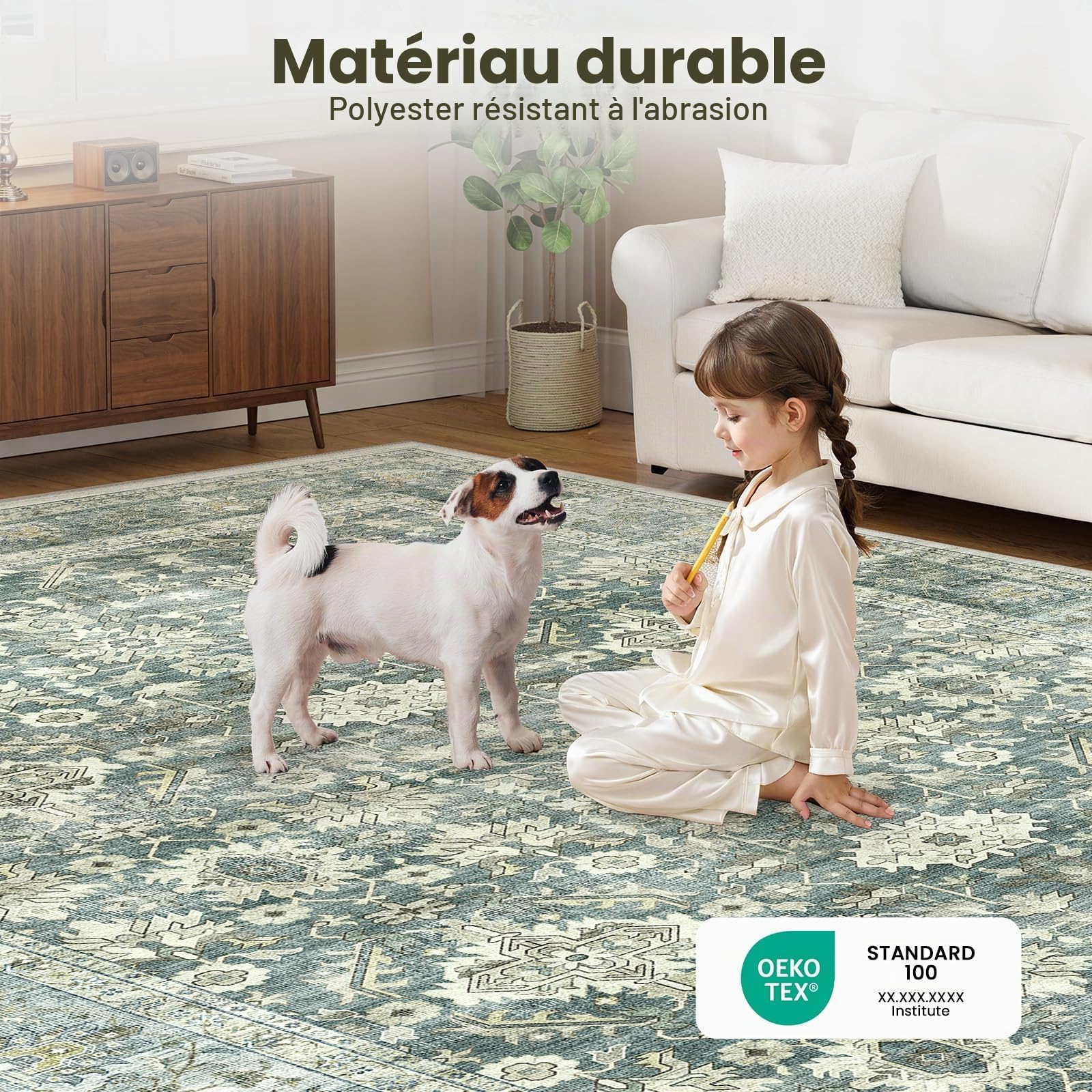 HOMFINE Tapis Salon 199x300cm Vintage Lavable en Machine Vert | Grand Tapis Lavable à Poil Court avec Motif Floral, Antidérapant, Doux et Idéal pour Salon, Chambre et Salle à Manger
