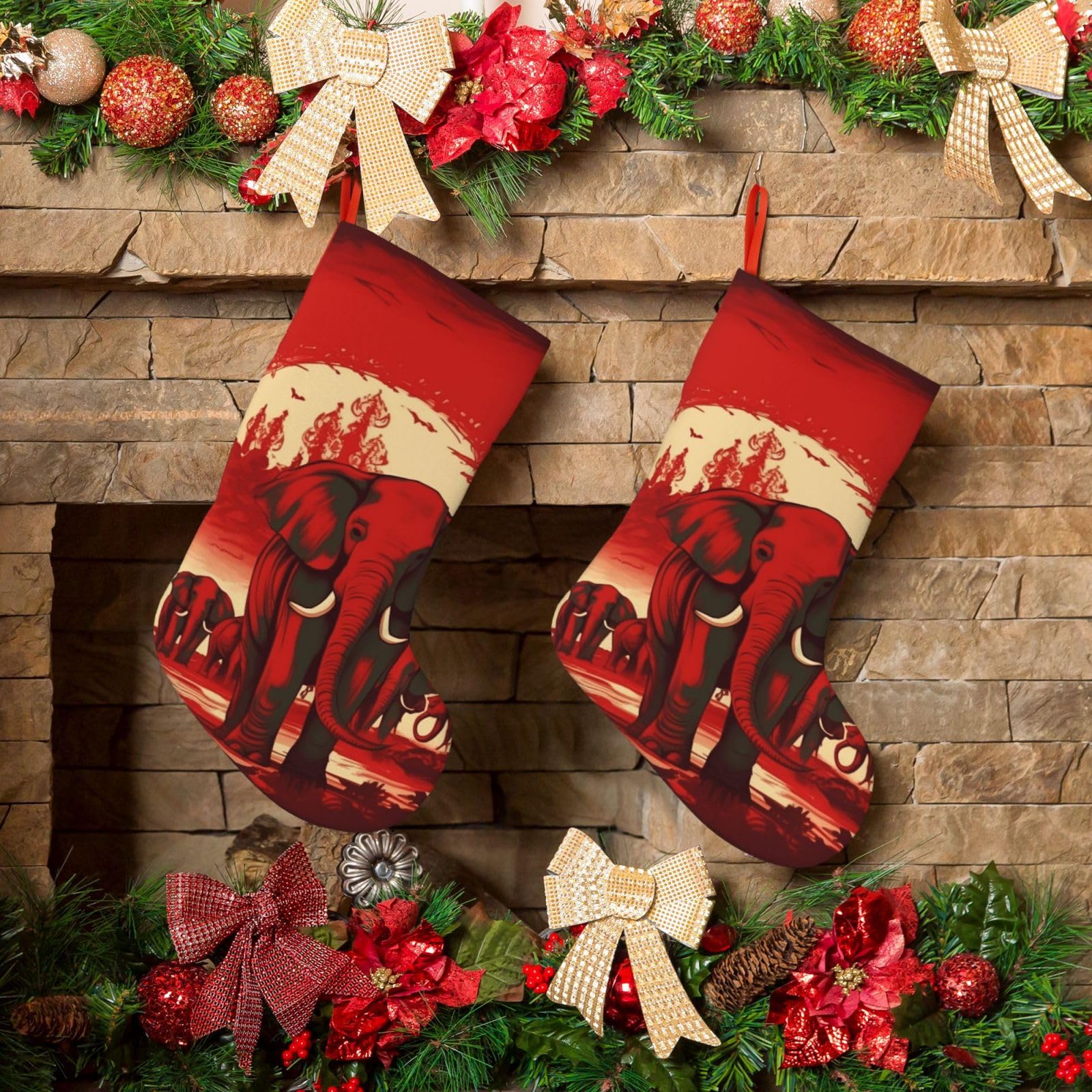 KLOPH Christmas Stockings 18" Personalized Xmas Stocking Elephants Red Decoration Stocking Hanging Fireplace Stocking for Holiday Xmas Tree Christmas Fireplace Decor