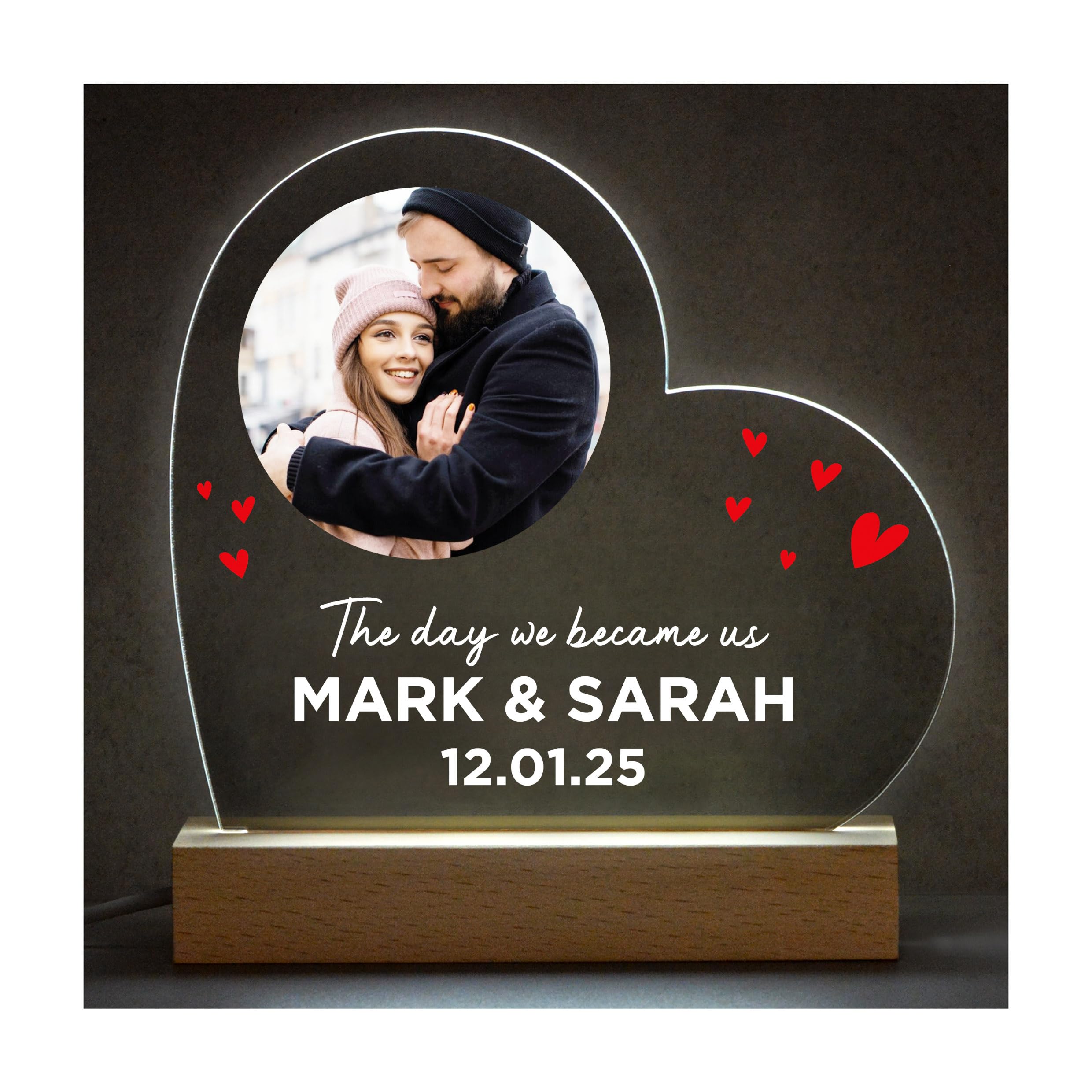 Valentines Gifts for Her and Him. PERSONALISED PHOTO Gift for Girlfriend, Boyfriend, Husband, Wife. LED Wooden Night Light Photo Present. Personalised with ANY TEXT