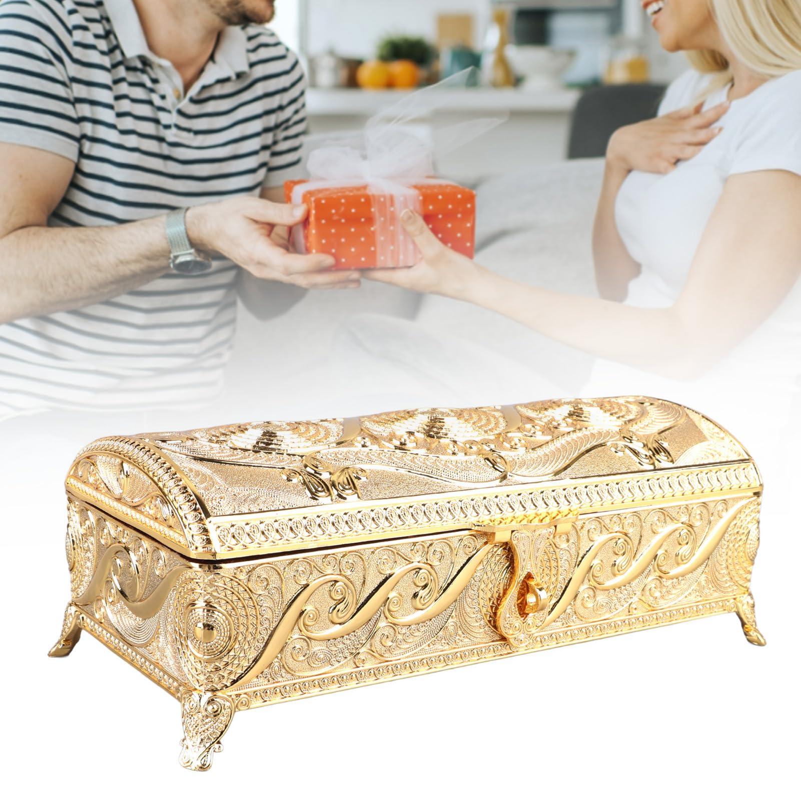 Joyero Antiguo, Caja de Recuerdos a Prueba de Herrumbre Bellamente Grabada para Tocador de Mujer (Color dorado)