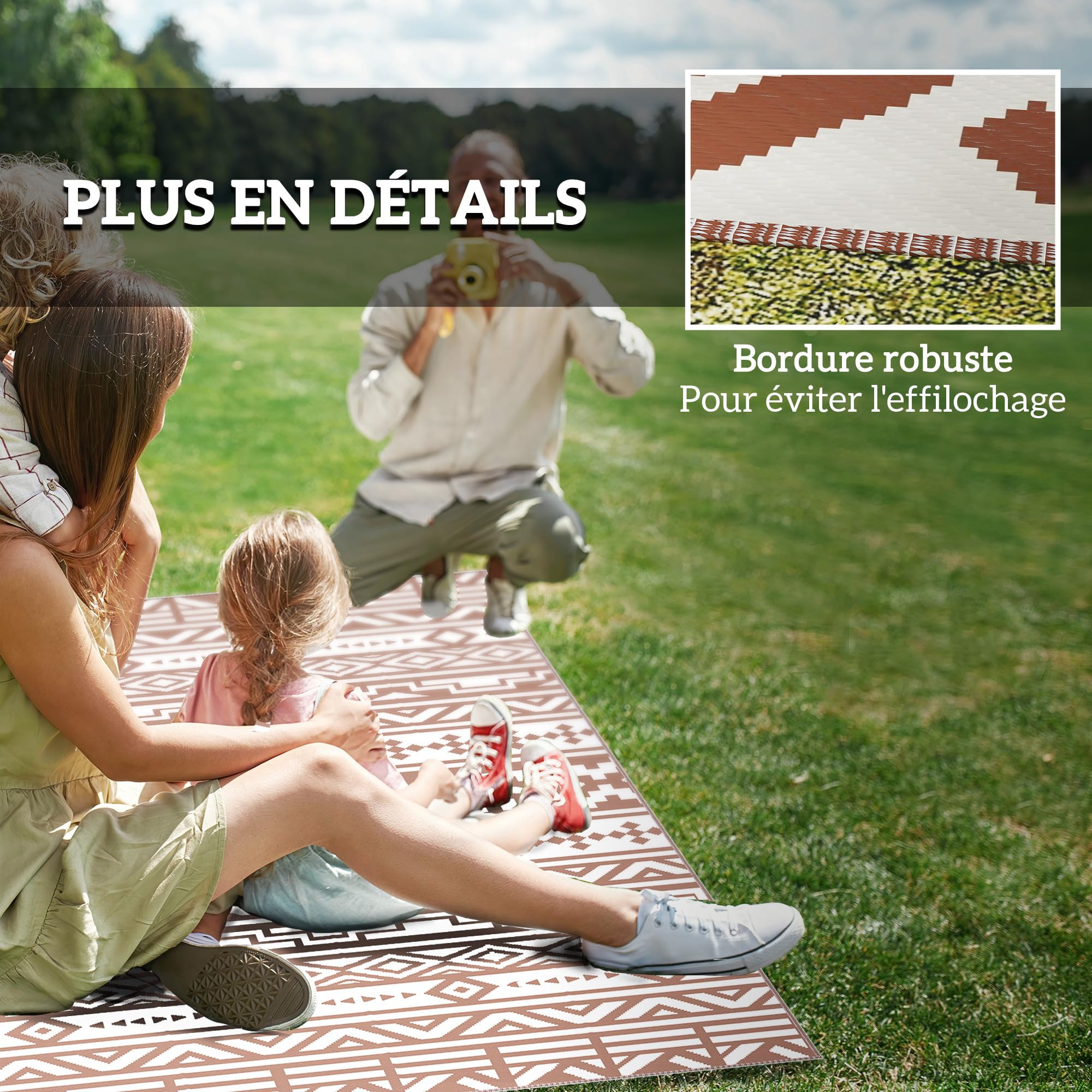 Outsunny Tapis d'extérieur réversible 1,8 x 2,7 m, Tapis de Sol au Motif Mur géométrique en PP, Sac de Transport Inclus, résistant aux intempéries, Rouge et Blanc