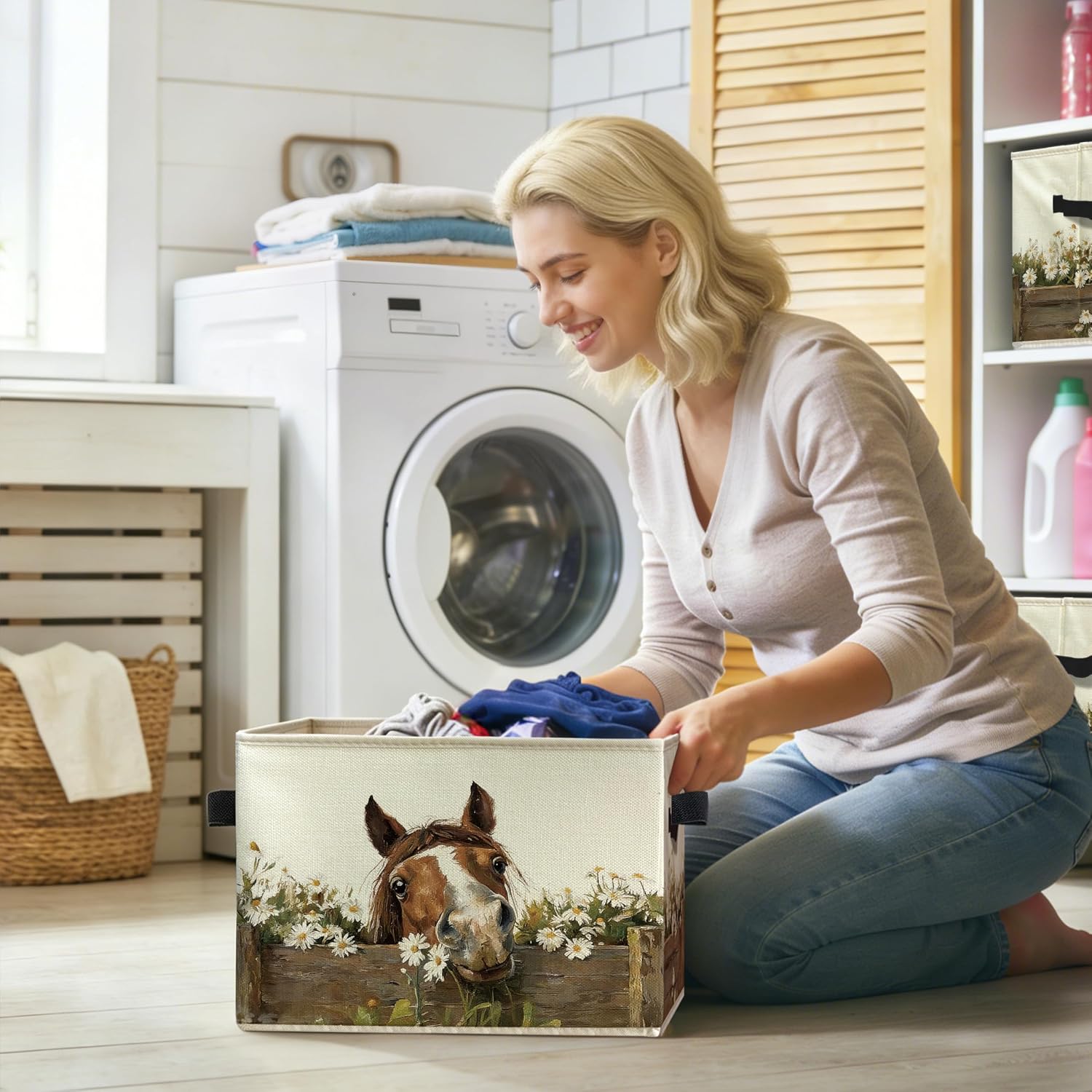 Farmhouse Daisy Horse Storage Bins Box with Handles, Rustic Cottagecore Floral Horse Farm Animal Collapsible Storage Basket Clothes Books Organizer for Home Bedroom Living Room Dorm