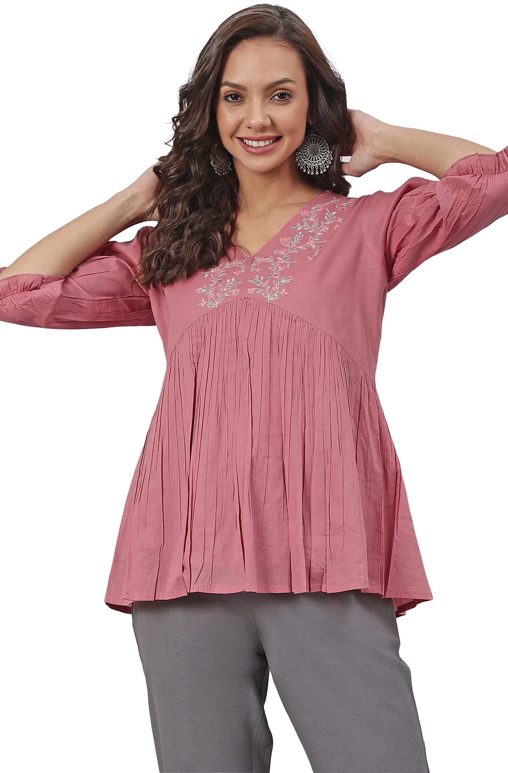 Janasya Women's Cotton Embroidered Fit and Flared Top in neutral