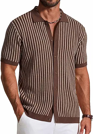  Mens Knit Button Down Shirts Short Sleeve Polo Shirt Vintage Striped Casual Shirts