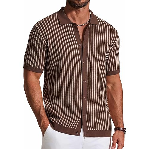 COOFANDY Mens Knit Button Down Shirts Short Sleeve Polo Shirt Vintage Striped Casual Shirts