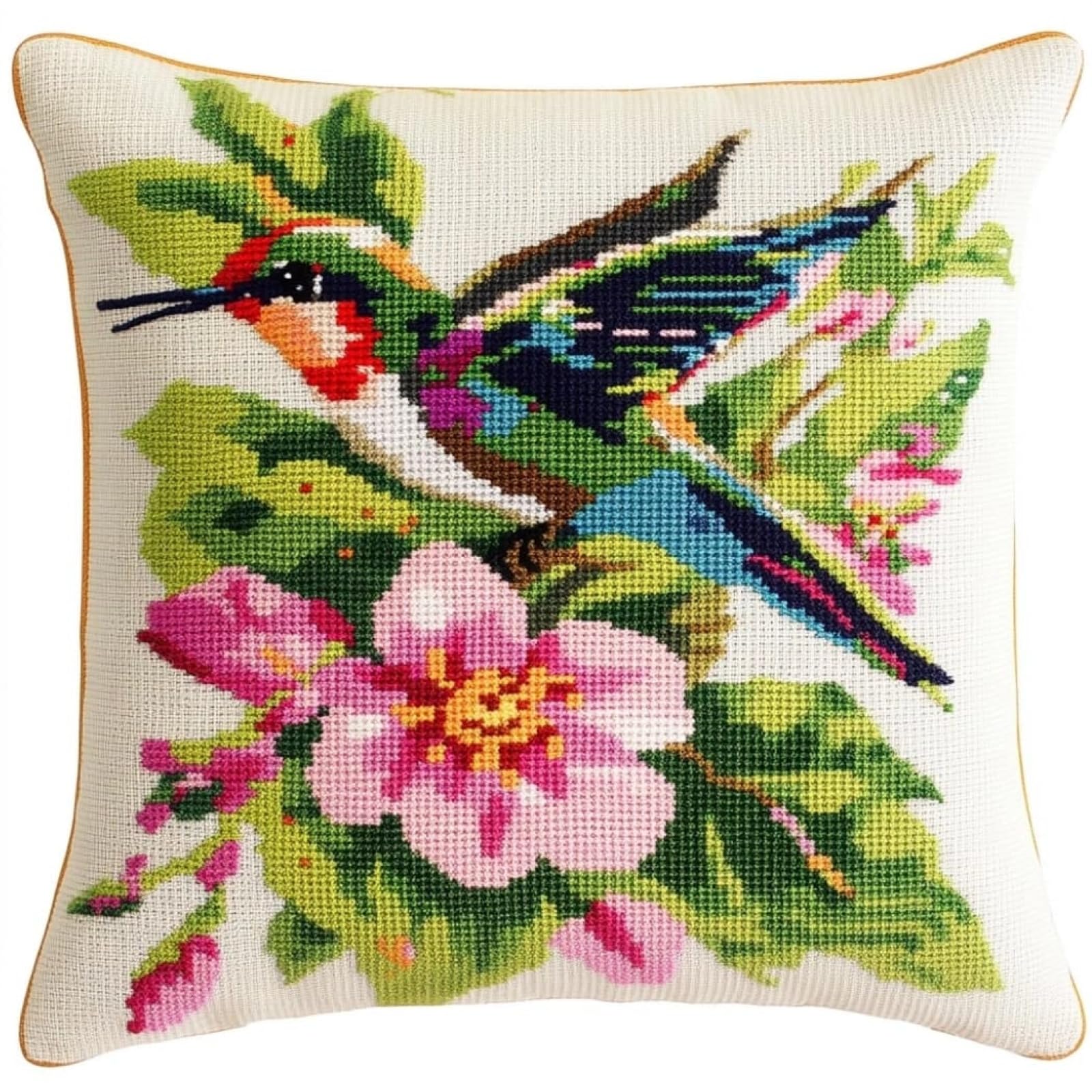 WallustrioaW Cross Stitch Embroidery Cushion Kits,Hummingbirds and Flowers Stitched Pillow Cover Kit for Adults Beginners 11ct Needlework Set Decoration 18x18in