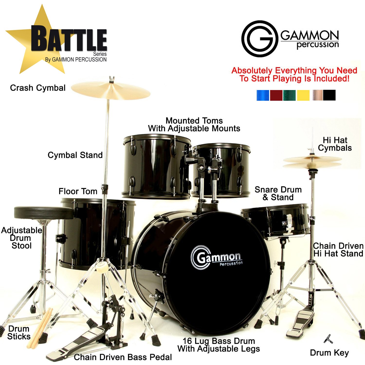 Gammon Percussion Full Size Complete Adult 5 Piece Drum Set with