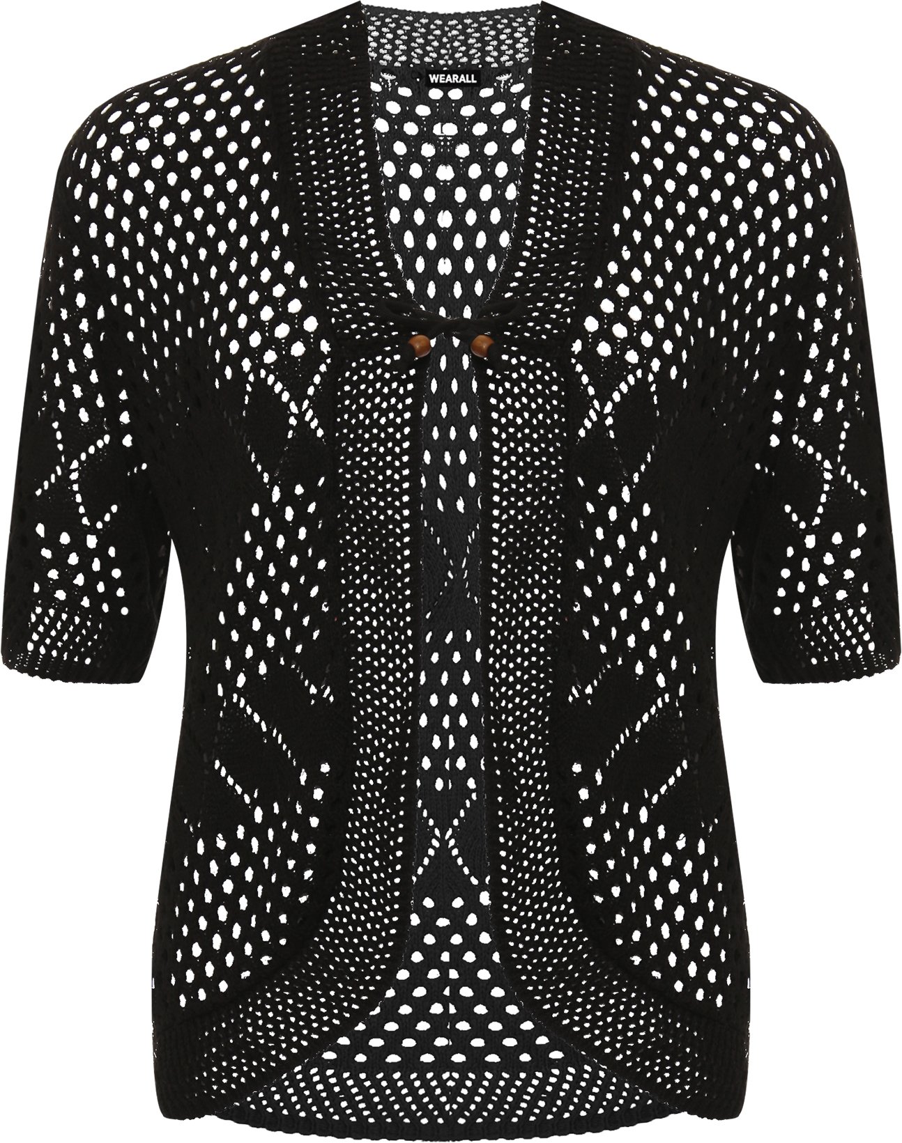 WearAll Women's Plus Crochet Knitted Open Tied Cardigan Ladies Short Sleeve Shrug Top New - Black - 24-26