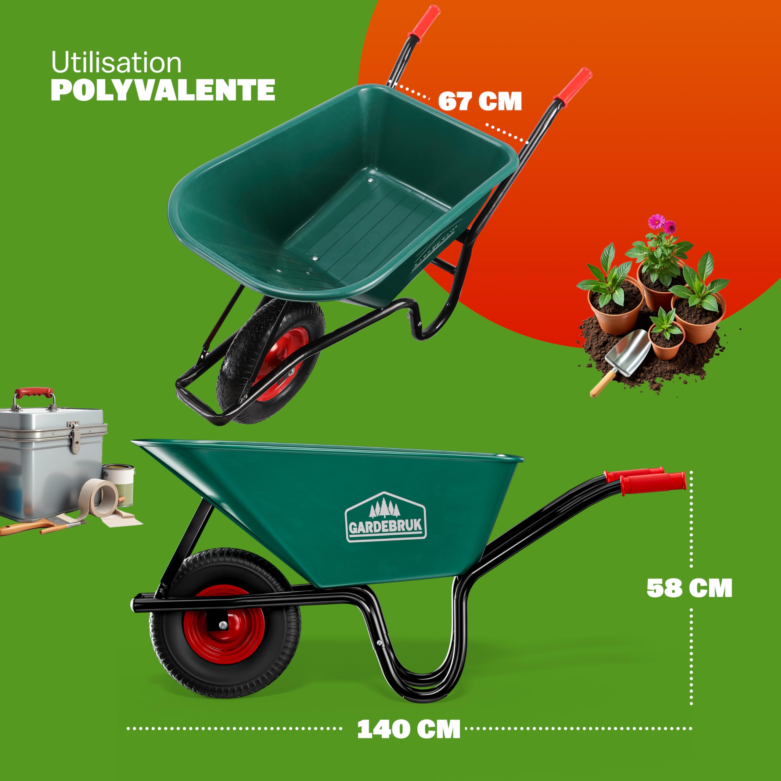 GARDEBRUK® Brouettes Wheelbarrow Brouette Roue Pleine 100 L Charge 250 Kg Cuve en Polypropylène Résistante en Acier Thermolaqué Roue 39 Cm Tout Terrain Jardin Terrasse Chantier
