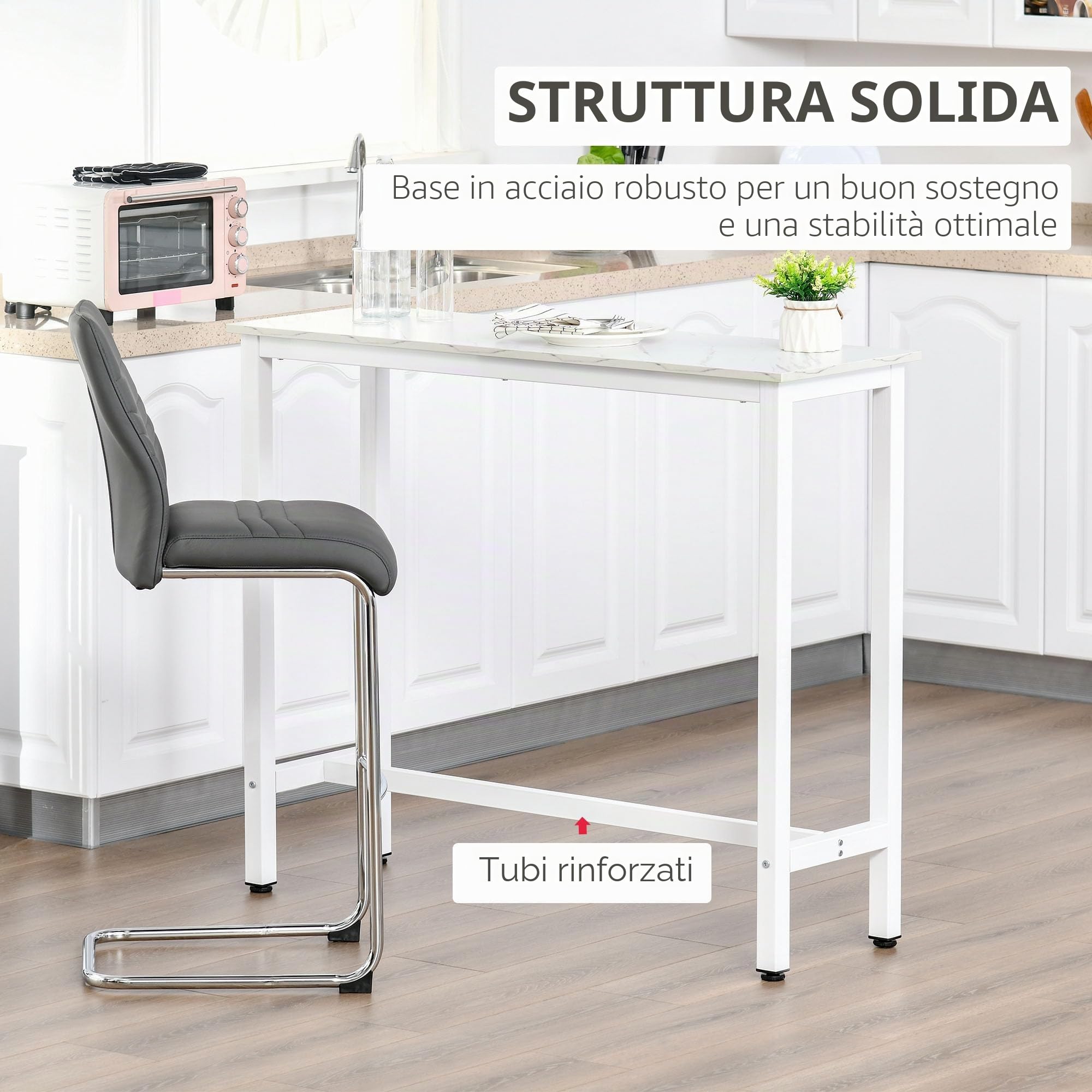 HOMCOM Tavolo da Bar in Piedi 120x40x100cm Telaio in Acciaio Bianco