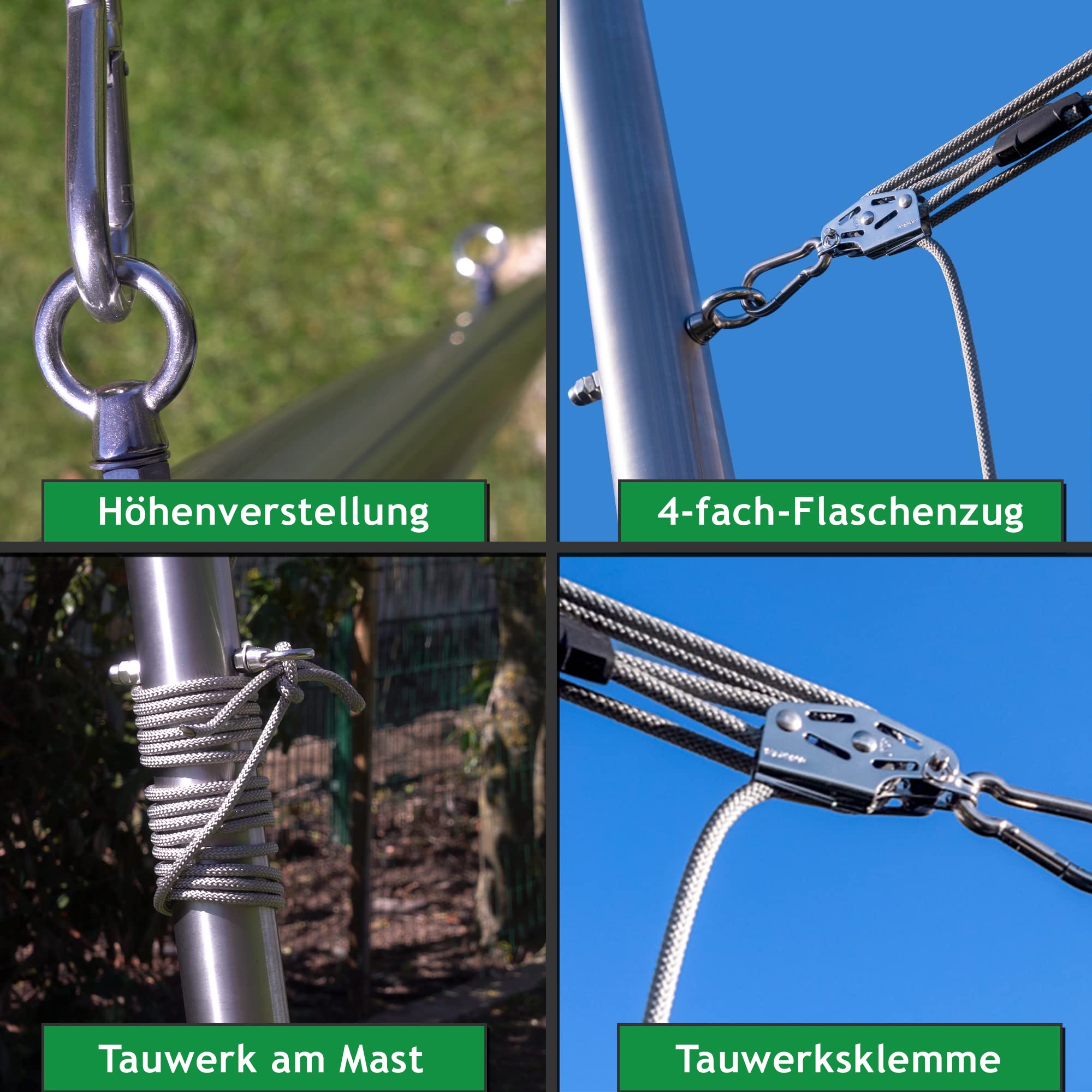 Sonnensegel Stange aus V2A Edelstahl mit 3-Punkt Höhenverstellung inkl. Zubehör - 4-Fach Flaschenzug-Set zur Segel Befestigung | für sehr große Segel (3,5m, Ohne Bodenhülse)