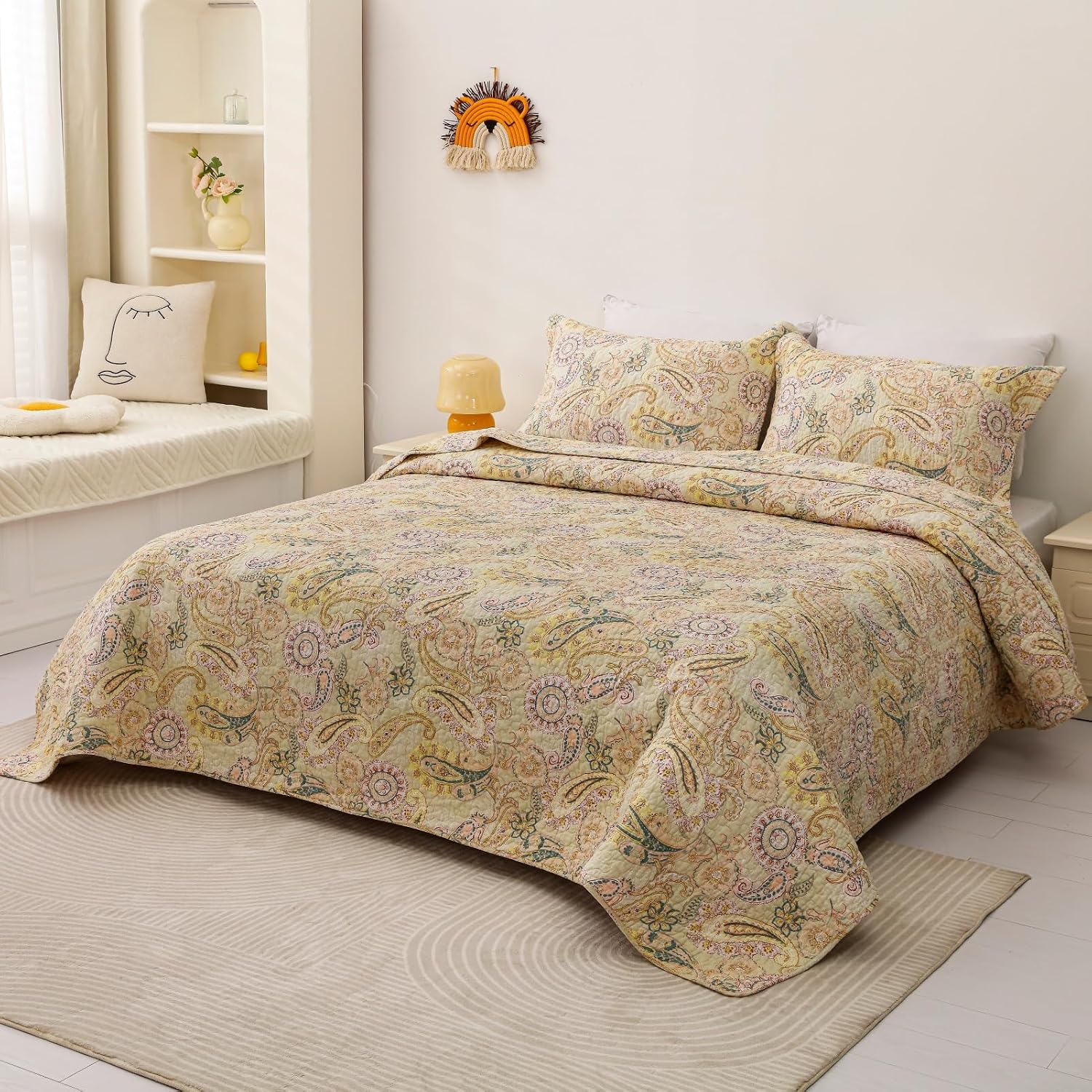 ABREEZE 100% Cotton Paisley Quilt Set Queen Size 3 Piece Set – Lightweight Bedspread with 2 Shams, Soft & Breathable Floral Coverlet for All-Season Comfort,Beige