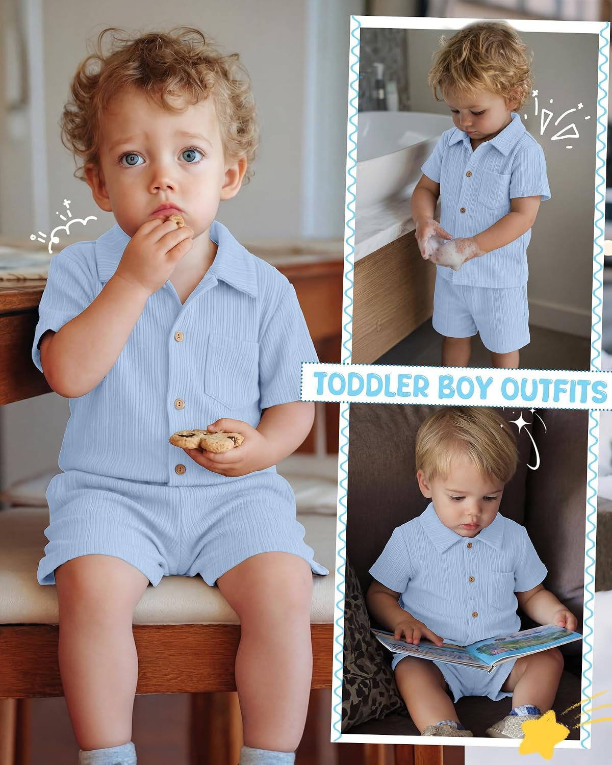 Toddler Baby Boy's Clothes Set Ribbed Button-down Cotton Shirt Tops and Shorts Summer Outfit 2 Pcs with Pockets