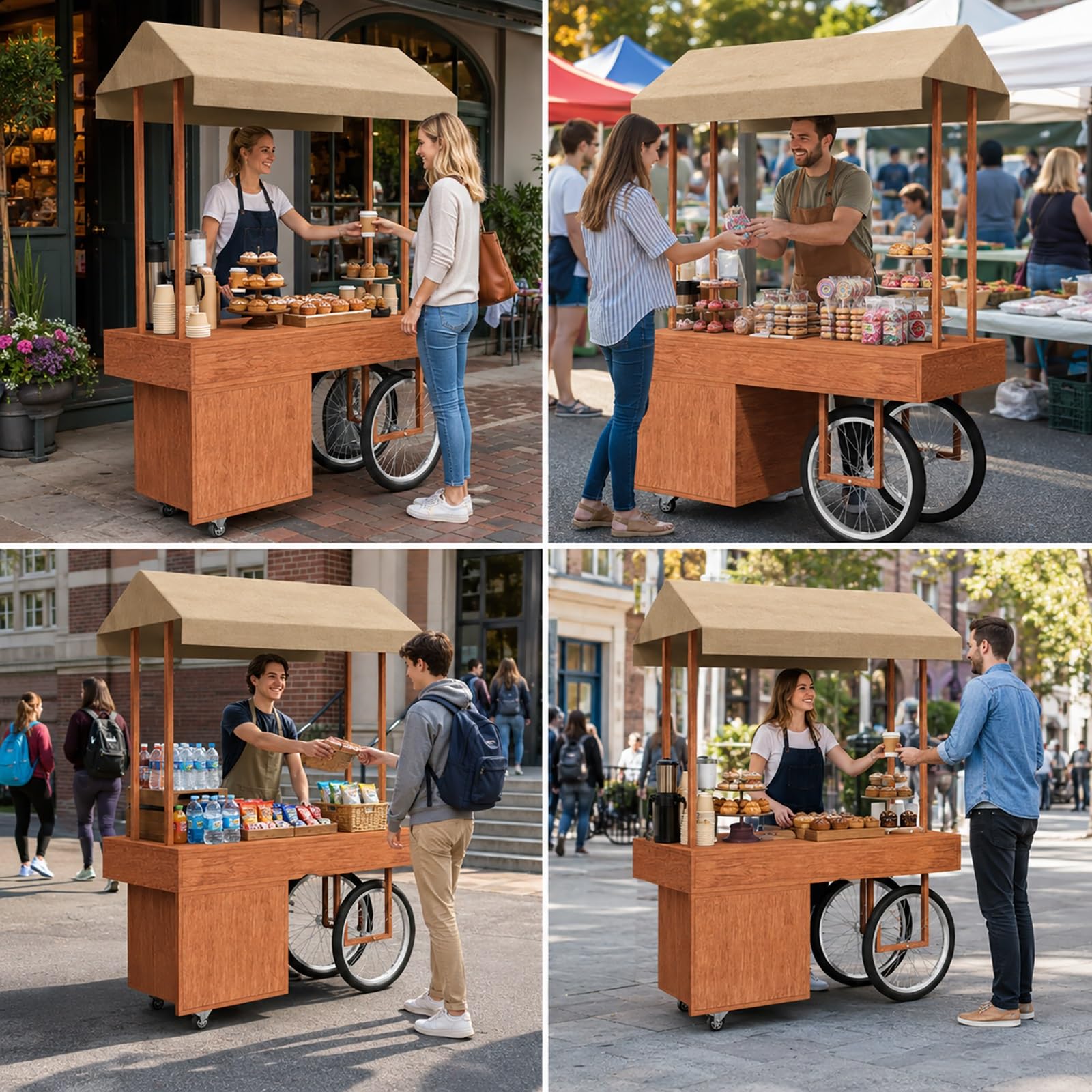 Puesto Ambulante con Toldo, Carrito de Venta con Ruedas y Compartimento, Stand Expositor para Exterior con Ruedas Blocables