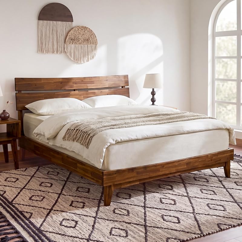 Aurora Acacia Solid Wood King Platform Bed Frame with Headboard, Walnut image 3