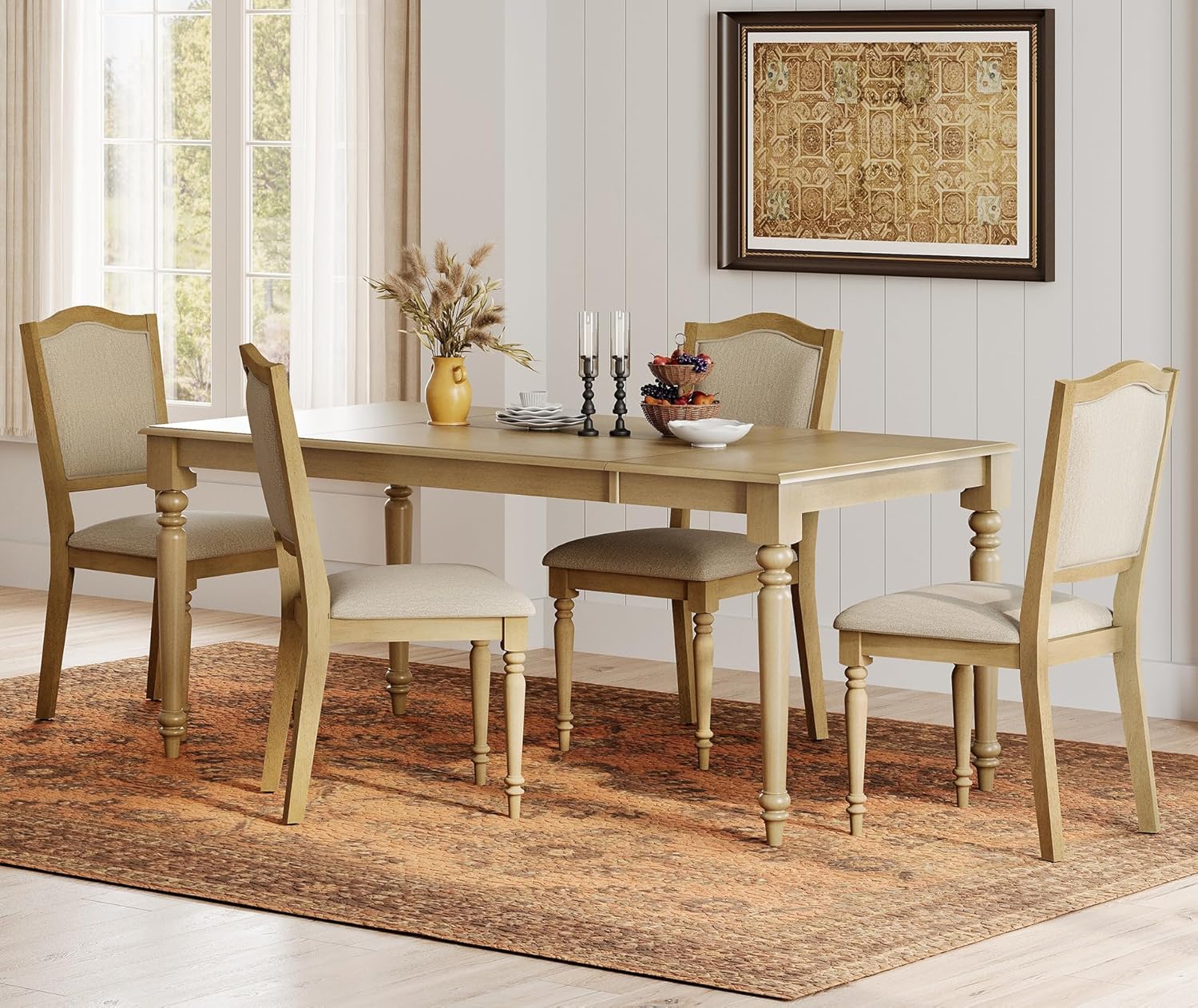 WAMPAT 5 Piece Dining Table Set, Rectangular Table for 6-8, 4 Dining Chairs with Upholstered Back & Rubber Wood Legs, Kitchen Table with Chairs for Dining Room, Oak