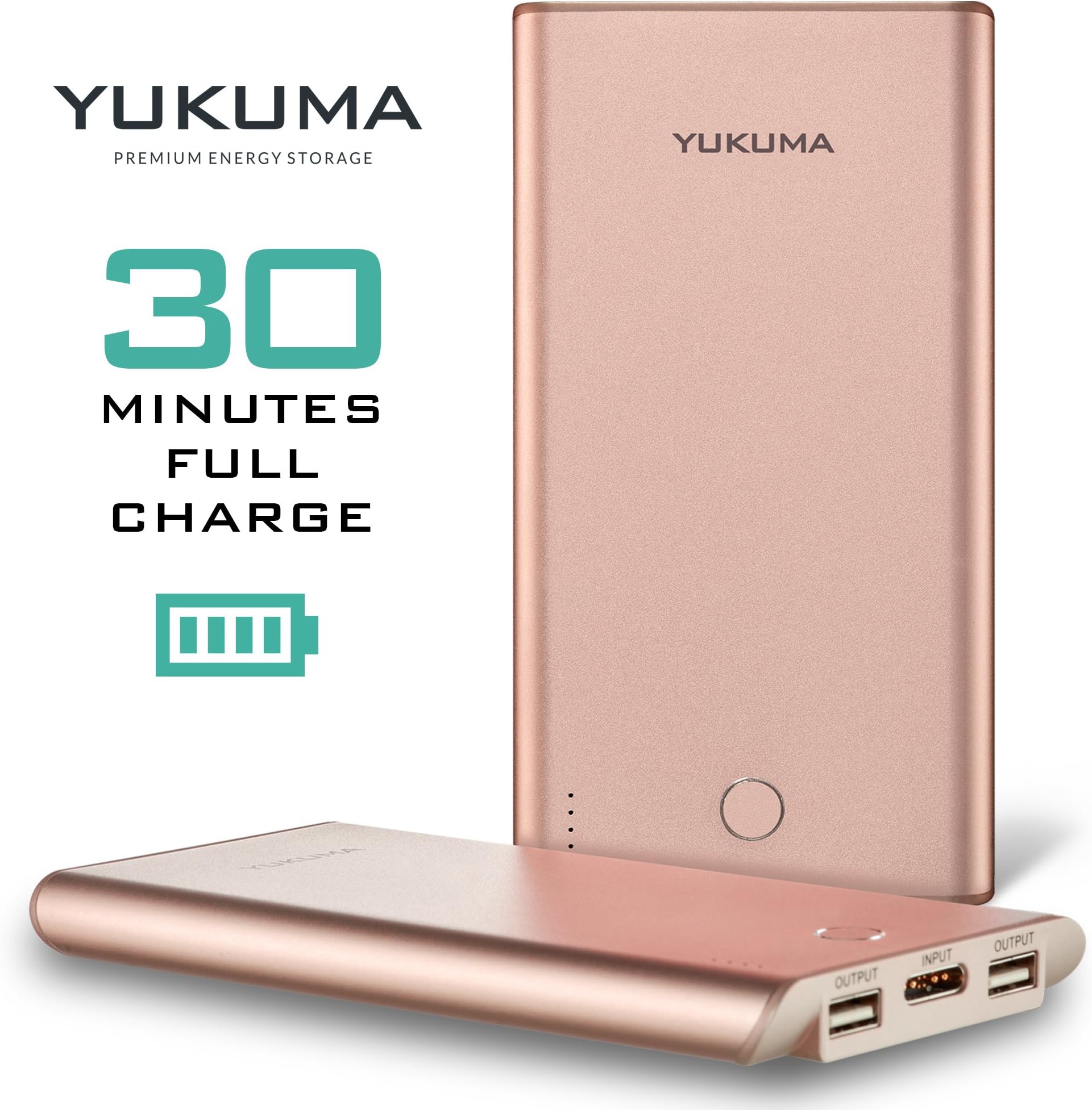 Yukuma Power Bank - World's Fastest Recharge - 30 Minutes - 10000 mAH - / Portable Charger External Batteries For Phones, Tablets, Cameras, Bluetooth Speakers - Rose Gold