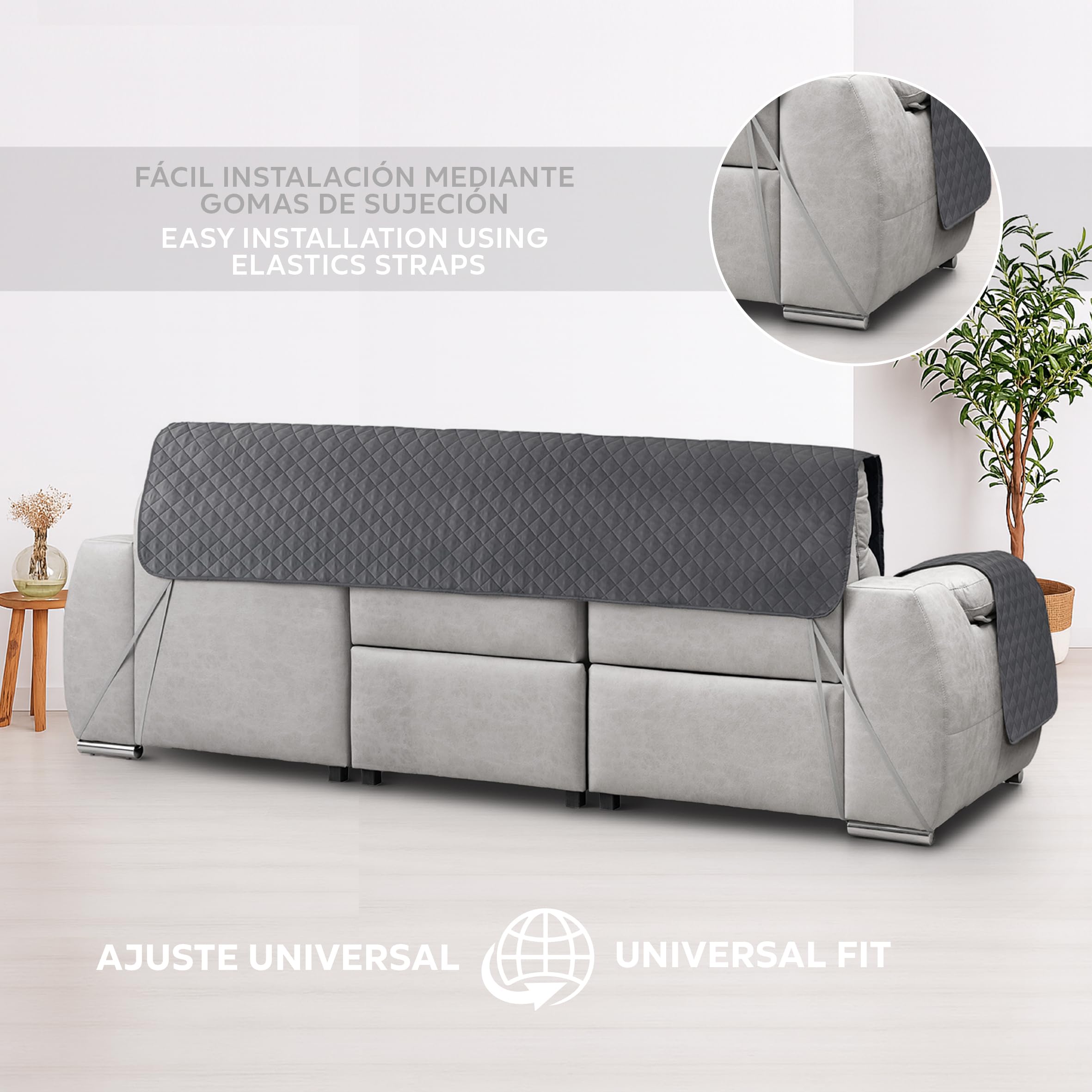 Textilhome Copri divano con Penisola Destro, Copridivano Chaise Longue CIRCUS – Salvadivano Trapuntato Universale con Bracciolo, Antimacchia, 200 cm, Grigio