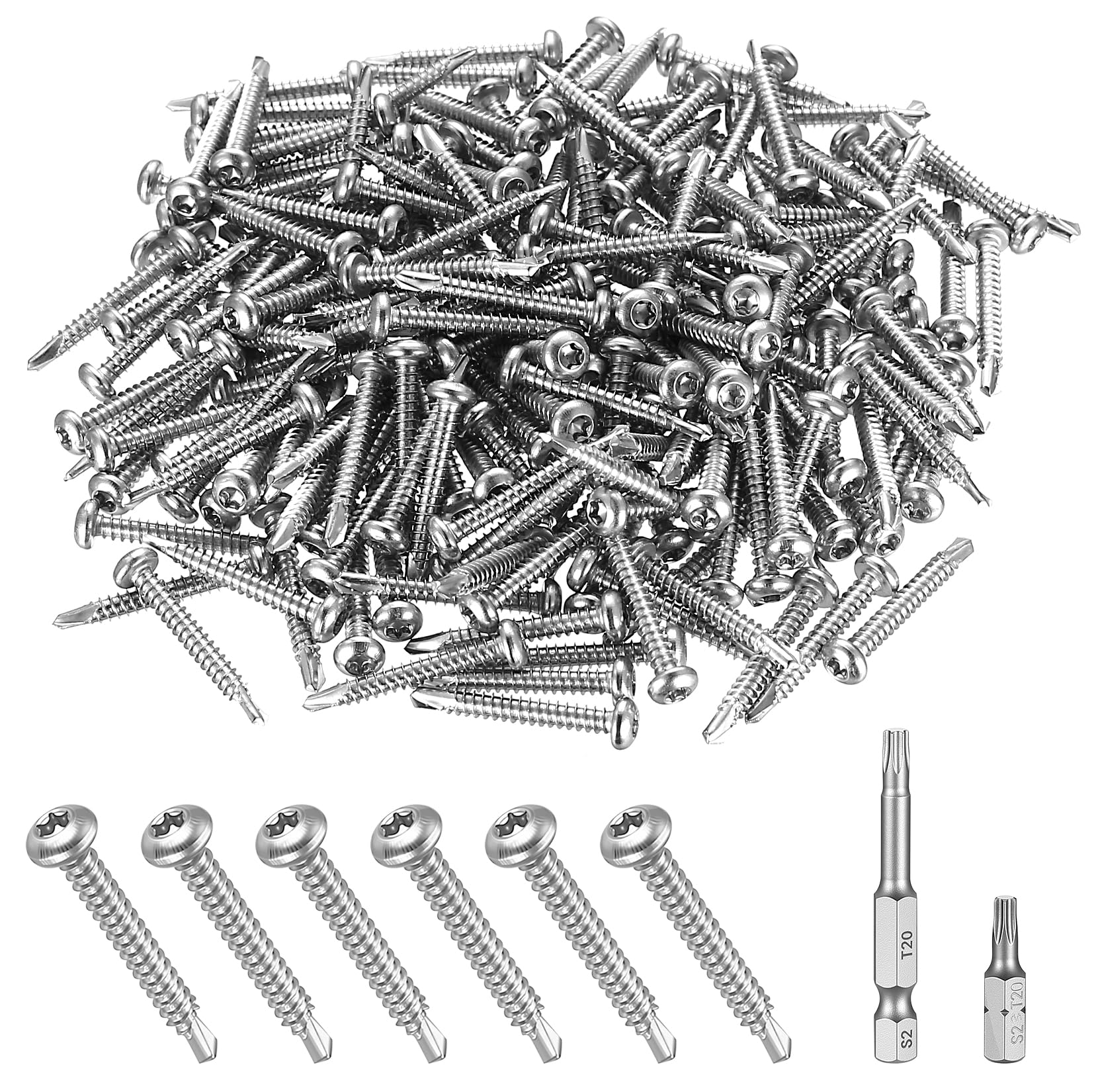 200 Pcs Self Tapping Screws Metal, M4.2 x 32mm Stainless Steel Round Head Self Drilling Screws, Torx Screw Set for Sheet Metal Steel Wood Plastic, with 2 Bits (200Pcs-M4.2 x 32mm)