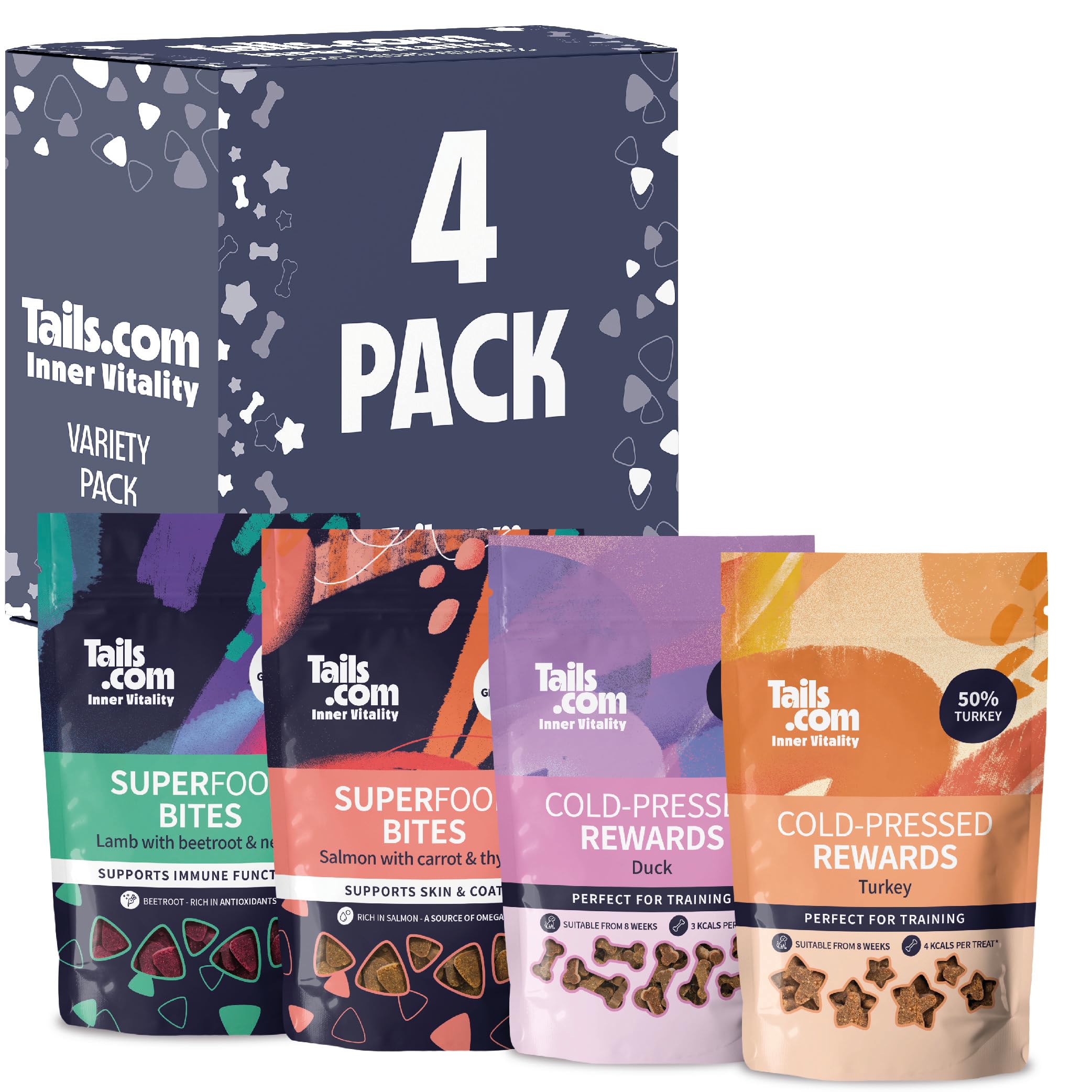 Tails.com • Dog Treats Variety Pack 4 x 70/80g • Superfood Bites 27% Lamb, 28% Salmon, 50% Duck, 50% Turkey • Grain Free Recipe • No Artificial Colours or Flavours • Low Calorie Snacks