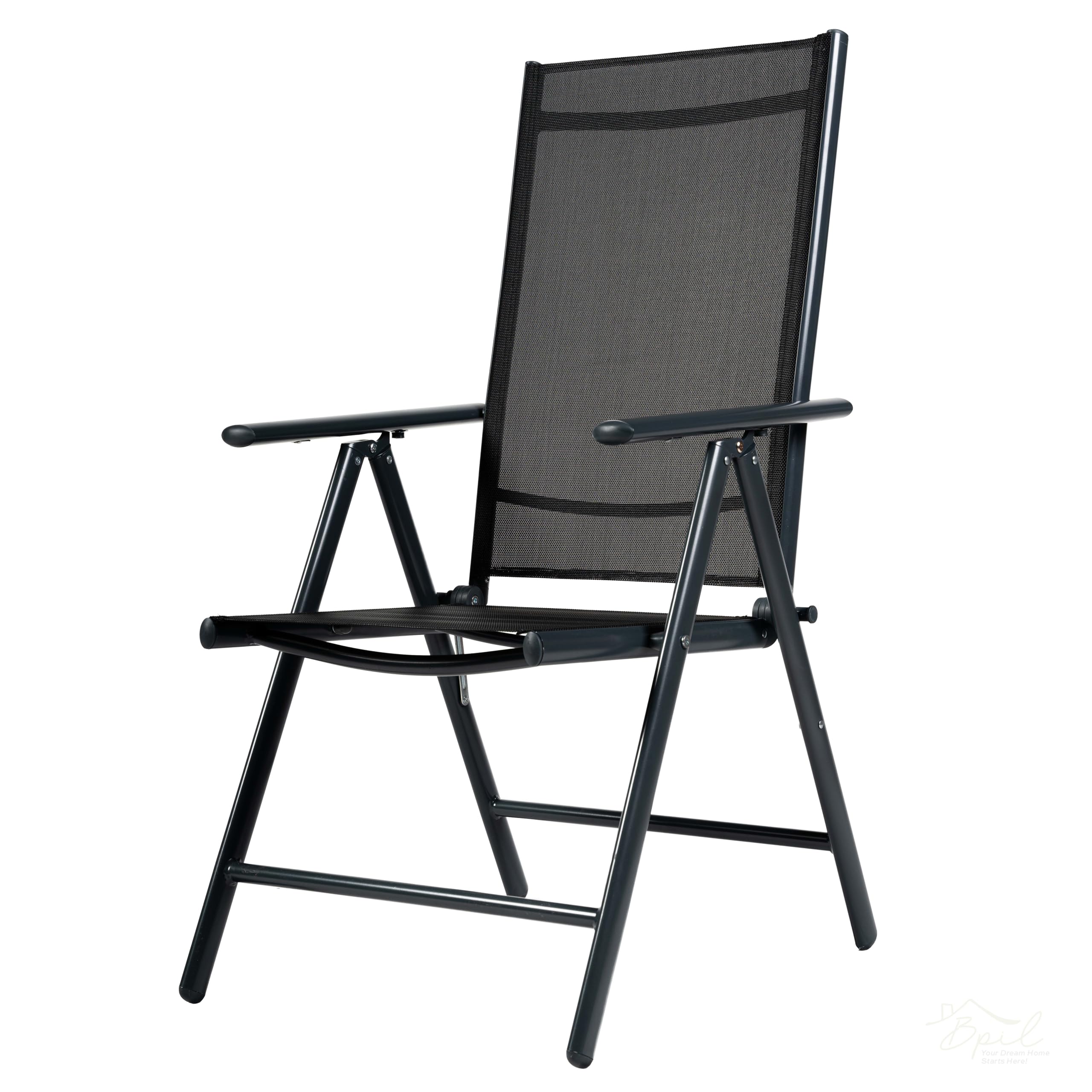 BPIL Folding Aluminium Garden 7-Position Recliner, XL Lightweight Outdoor Patio Dining Chairs with Armrests, Grey, black Textilene, Adjustable High Backrest for Camping or Relaxing (4 PCS)