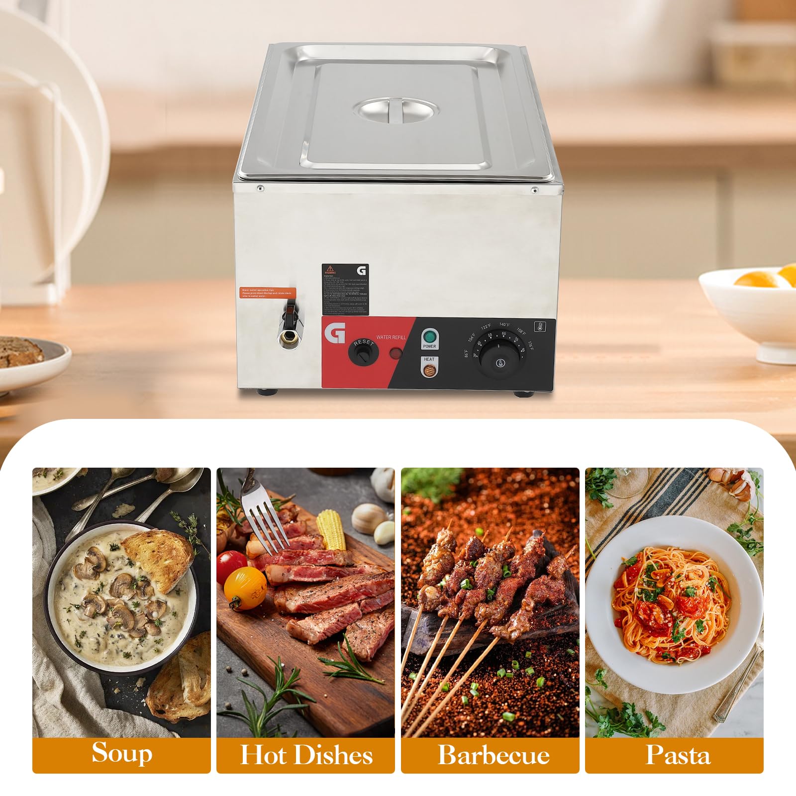 GarveeHome Commercial Portable Steam Table Food Warmer- 1 * 20QT Generous Capacity, 1200W Electric Steam Table, Stainless Steel, Efficient Heating, 86-185°F Temp Control for Catering and Restaurants