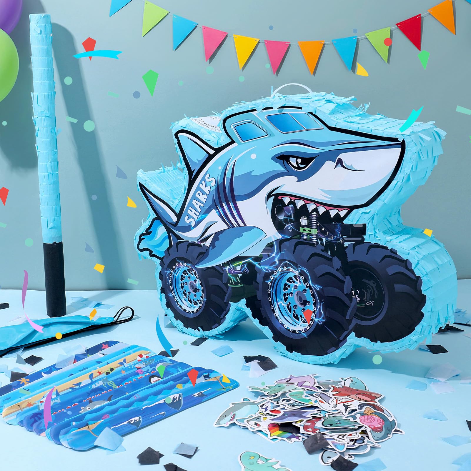 Piñata Shark Truck - Piñata de camión monstruo con venda para los ojos y murciélago para fiestas de cumpleaños, piñata de camión monstruo para decoraciones temáticas de 16 x 12 x 3 pulgadas