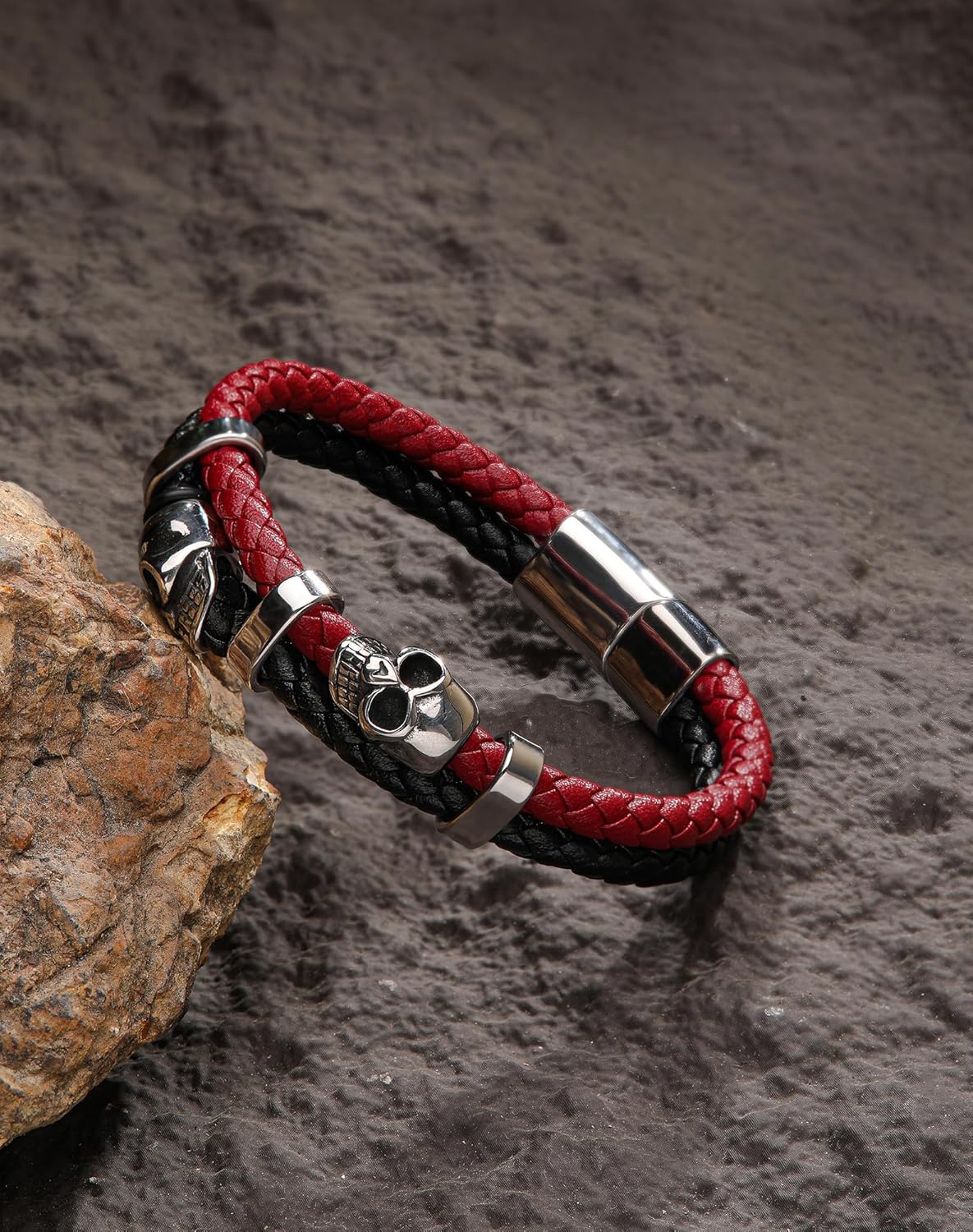 Stainless Steel Double Skull Bracelets - Mens Genuine Leather Punk Skeleton - Cuff Gothic Jewelry - Image 3